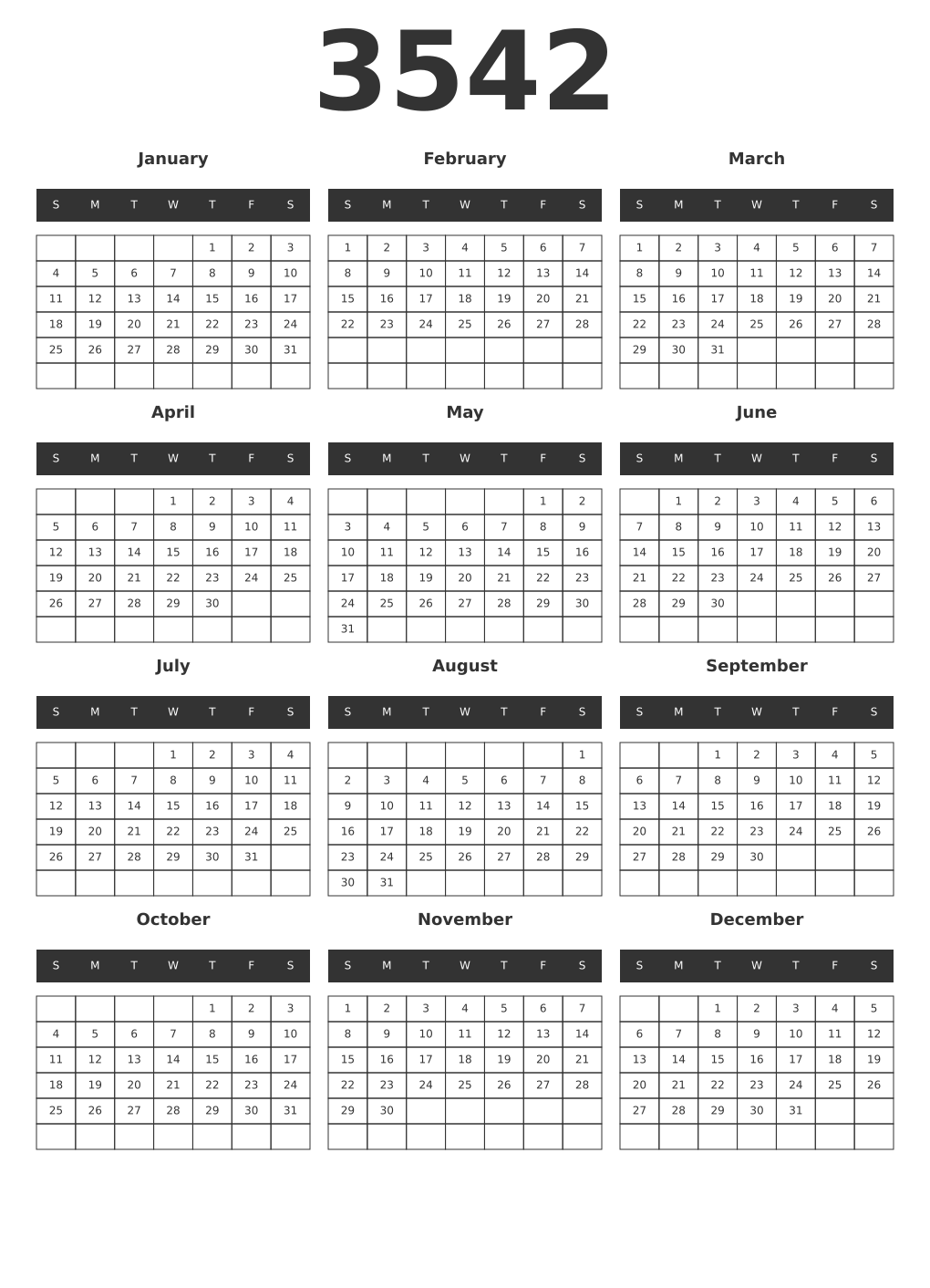Printable 3542 Year Calendars dark