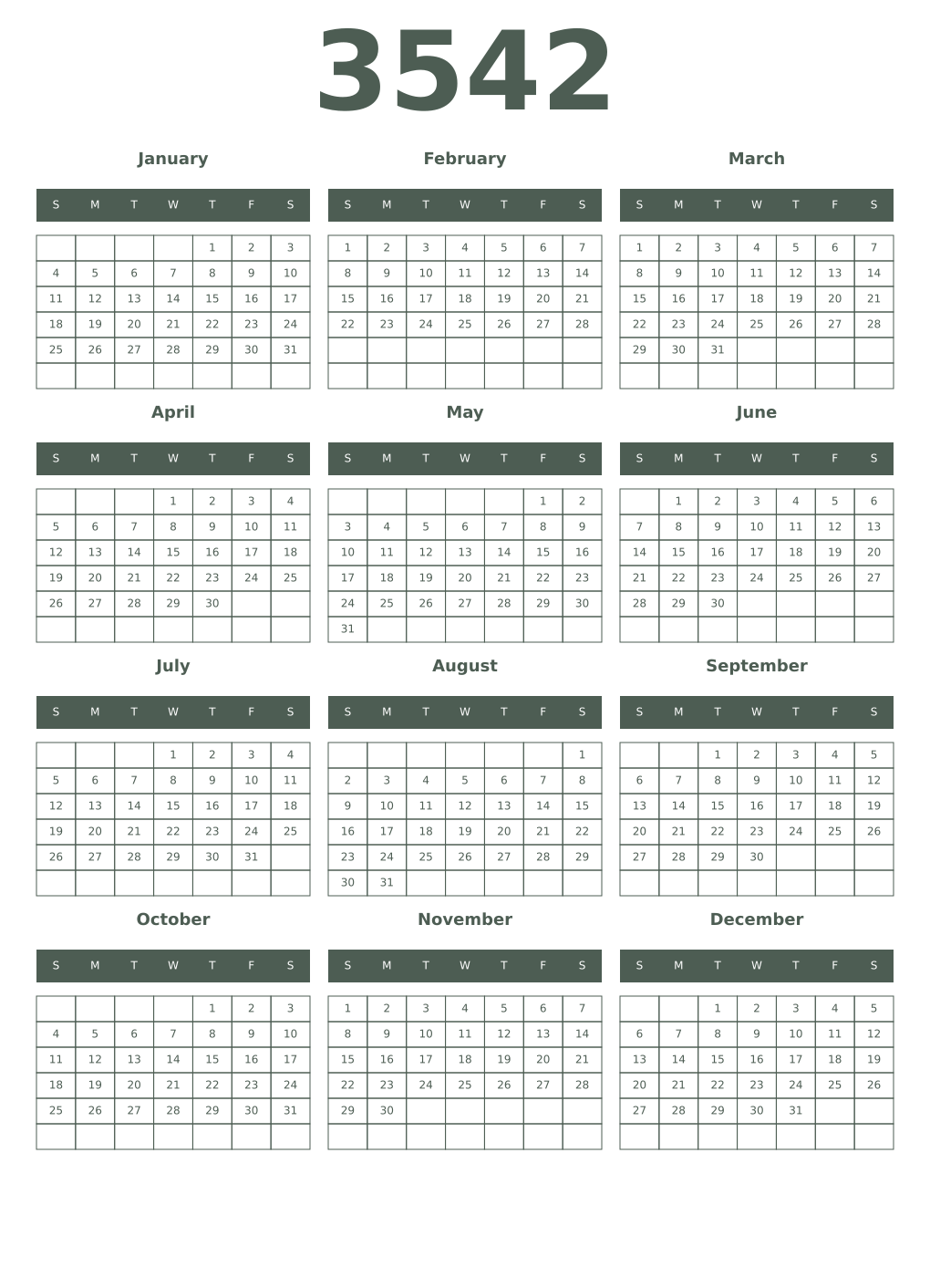 Printable 3542 Year Calendars feldgrau