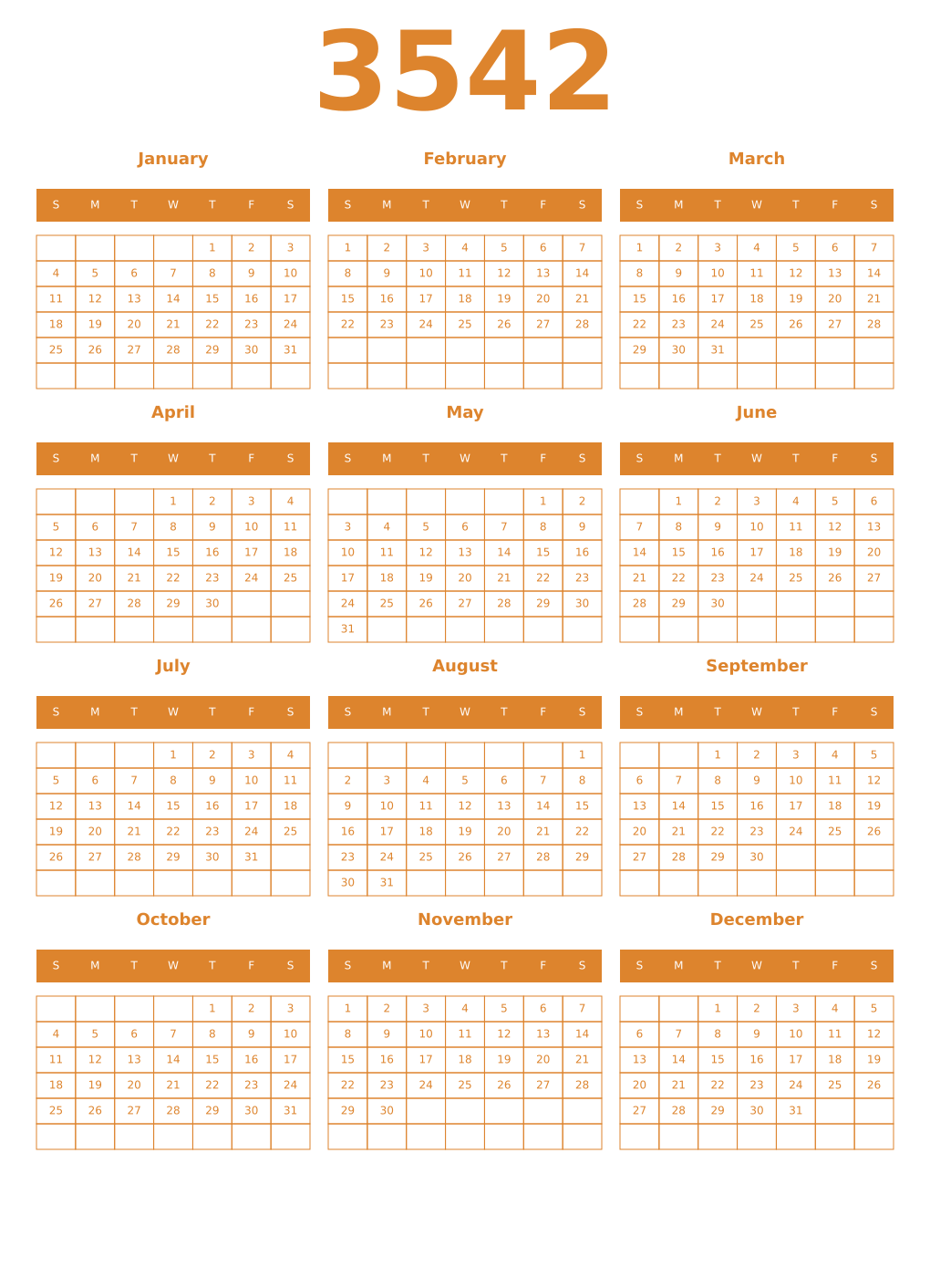 Printable 3542 Year Calendars orange