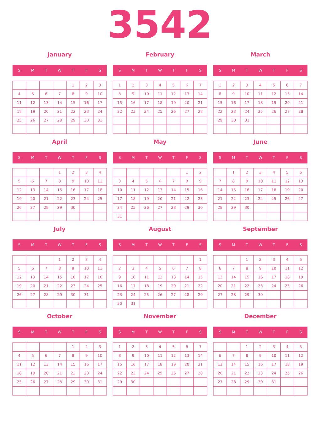 Printable 3542 Year Calendars pink