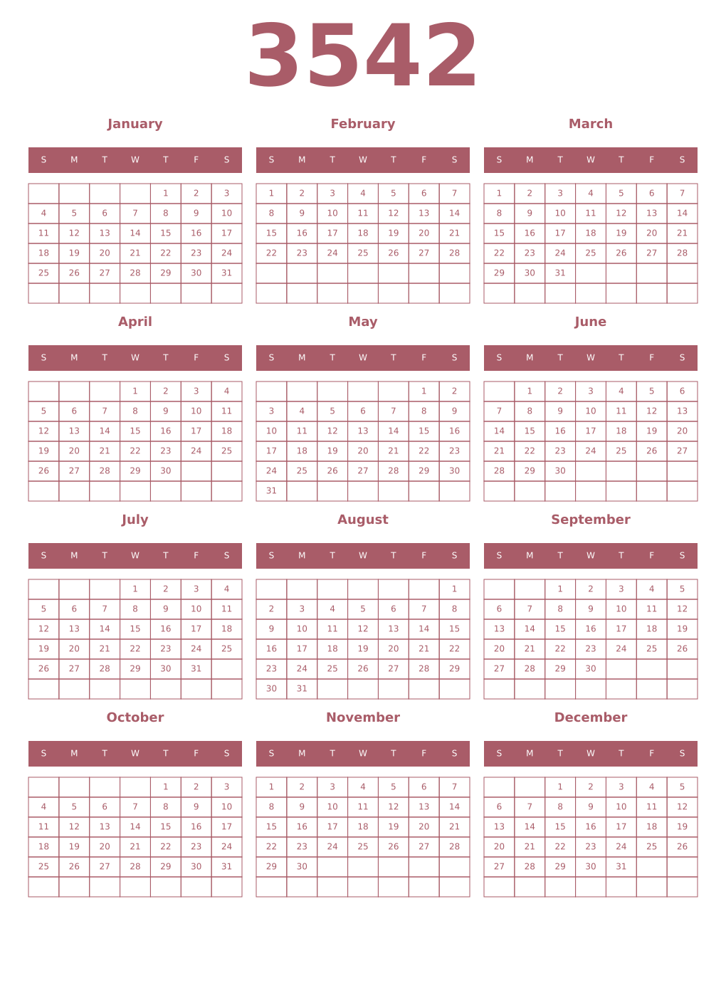 Printable 3542 Year Calendars puce