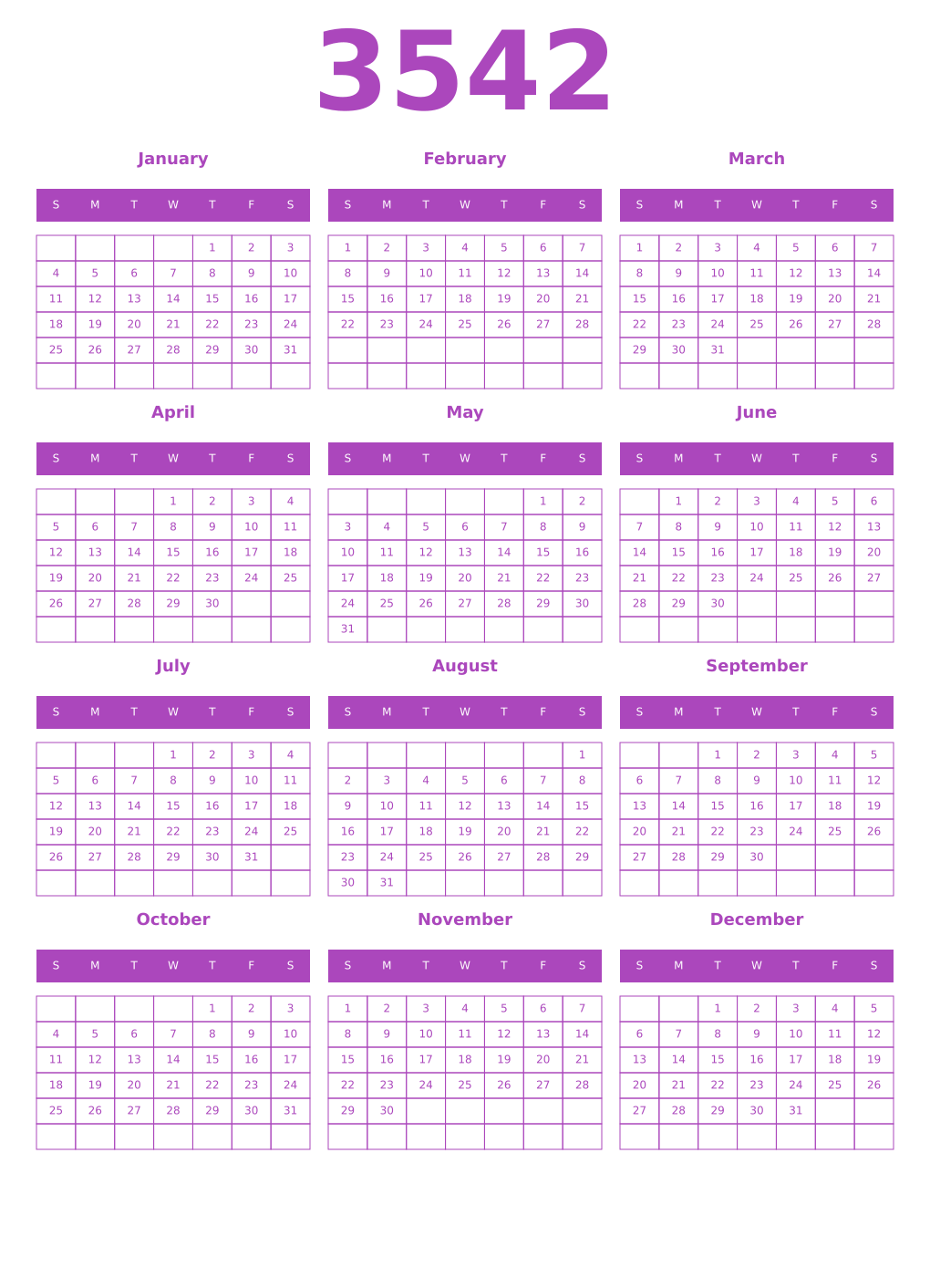 Printable 3542 Year Calendars purple