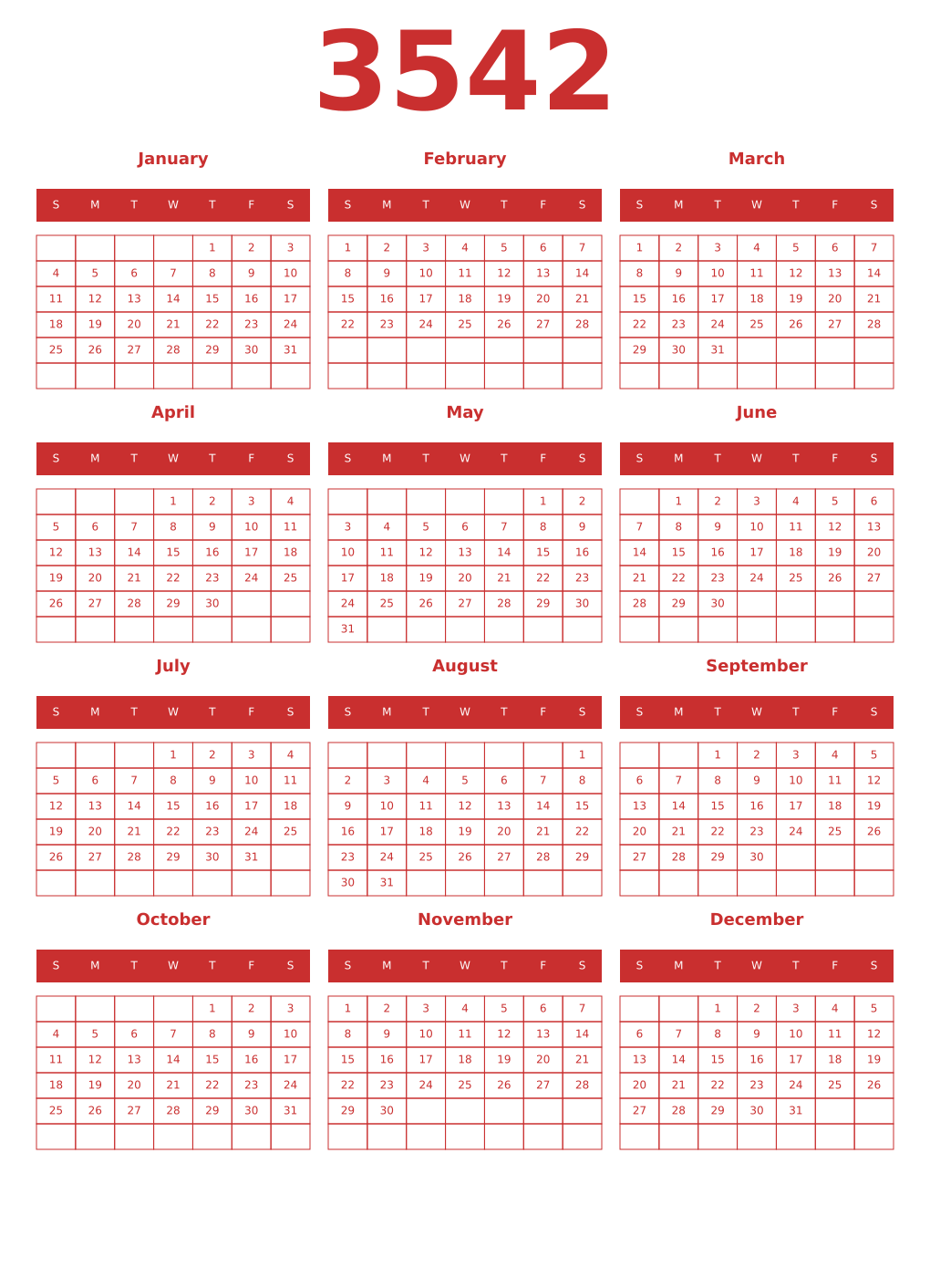 Printable 3542 Year Calendars red
