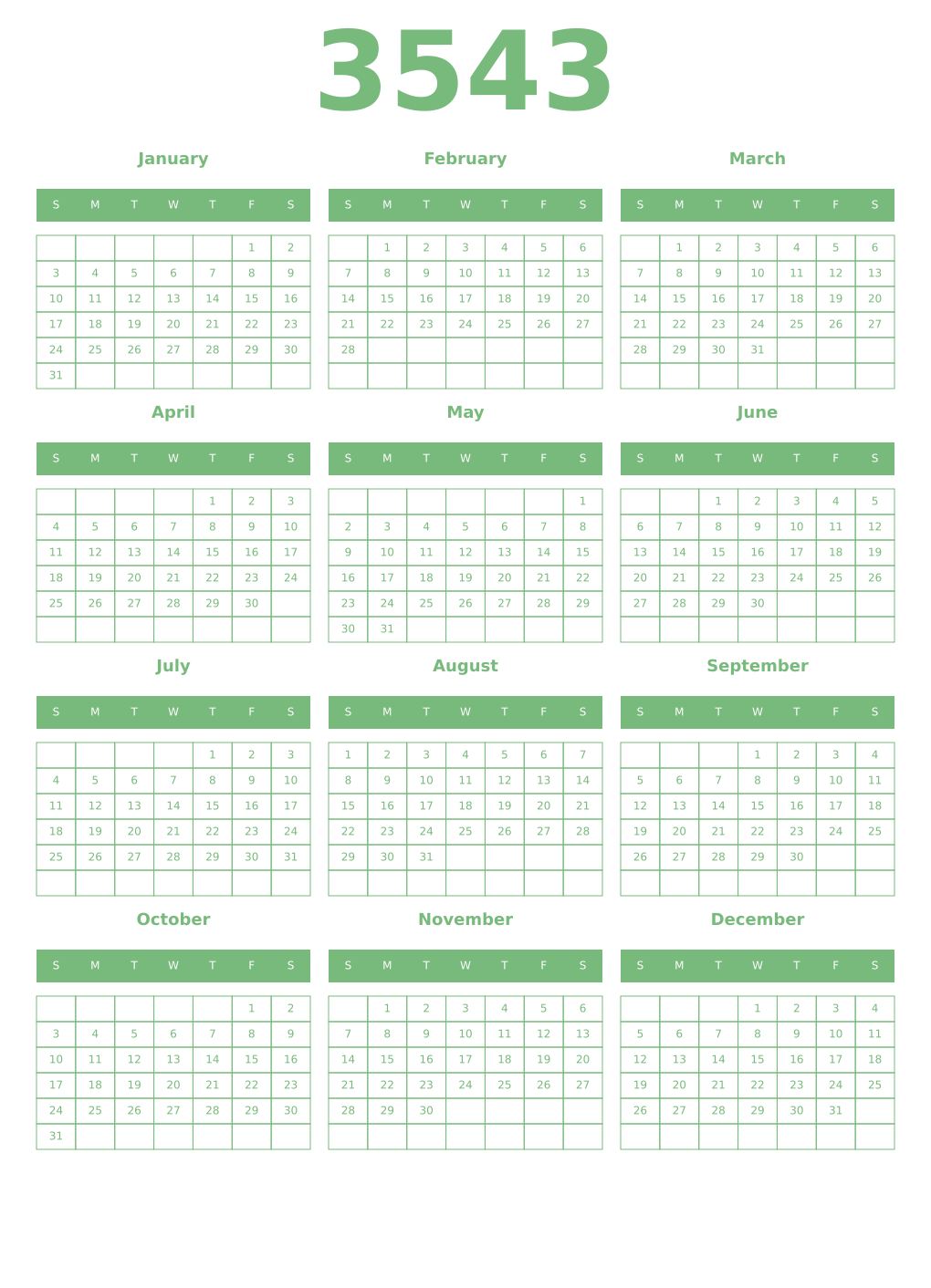 Printable 3543 Year Calendars celadon