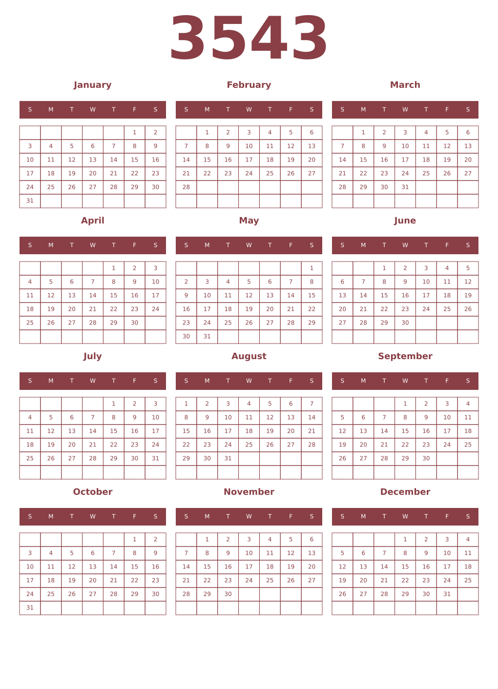 Printable 3543 Year Calendars cordovan