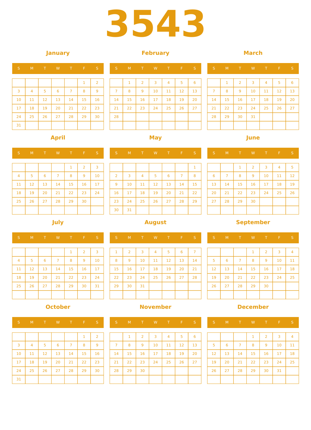 Printable 3543 Year Calendars gamboge