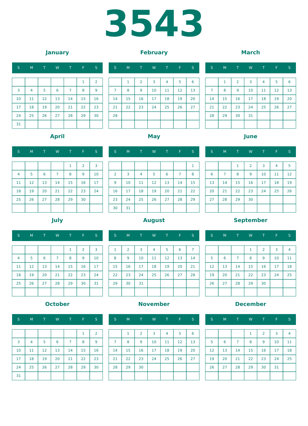 Printable 3543 Year Calendars pastel