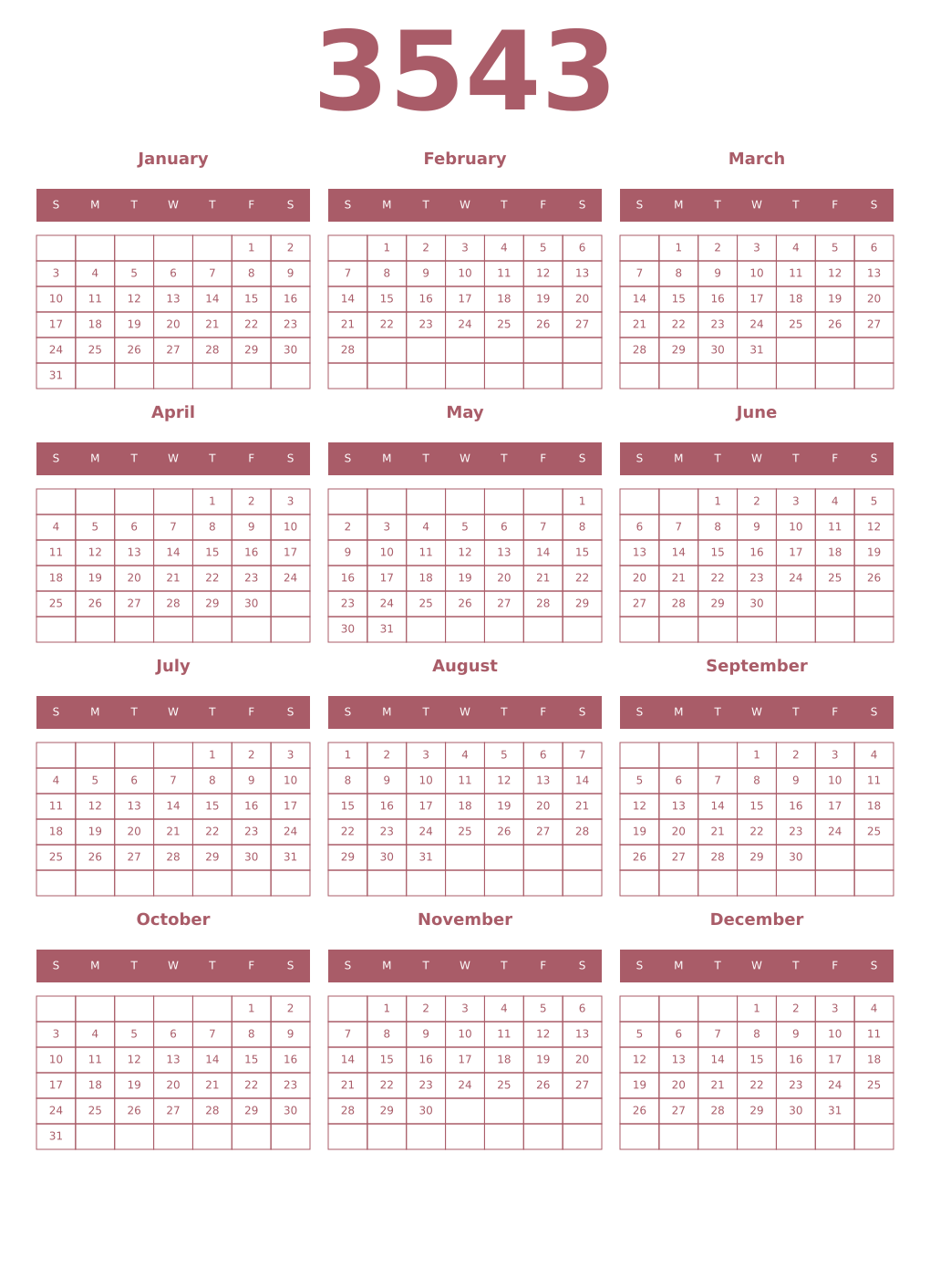 Printable 3543 Year Calendars puce