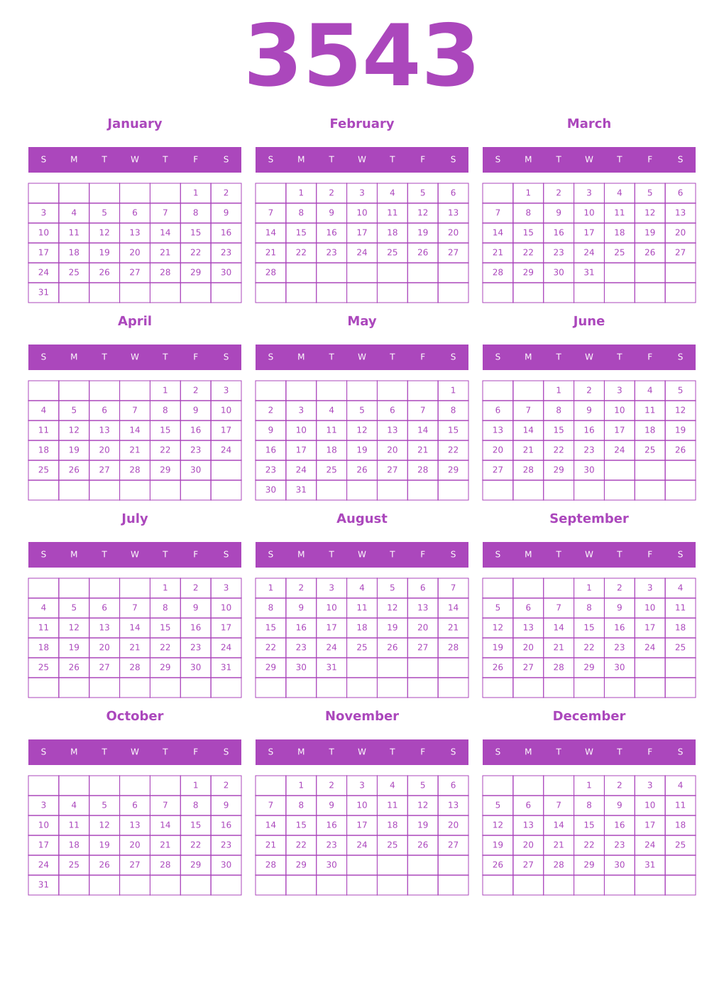 Printable 3543 Year Calendars purple