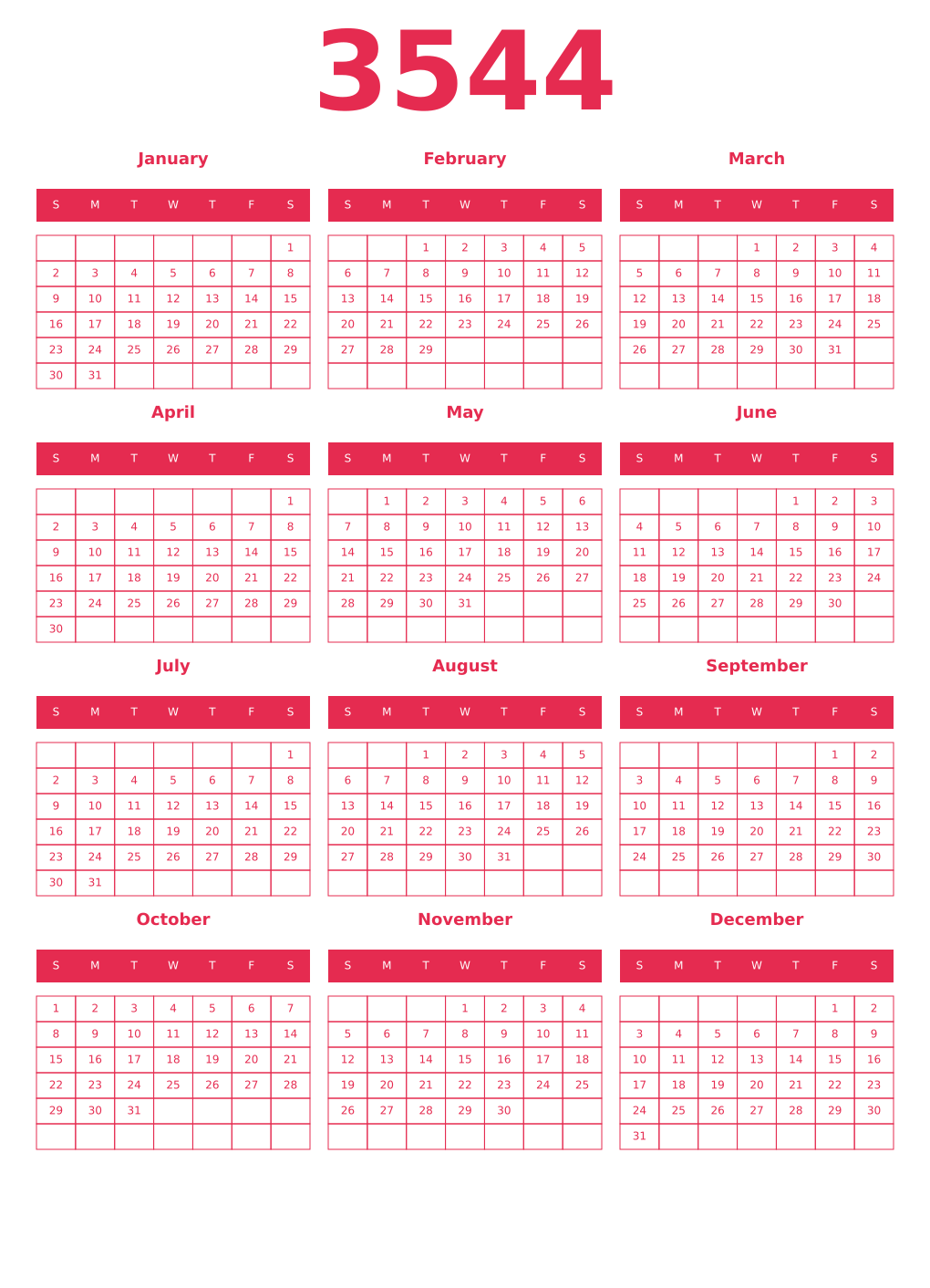 Printable 3544 Year Calendars amaranth