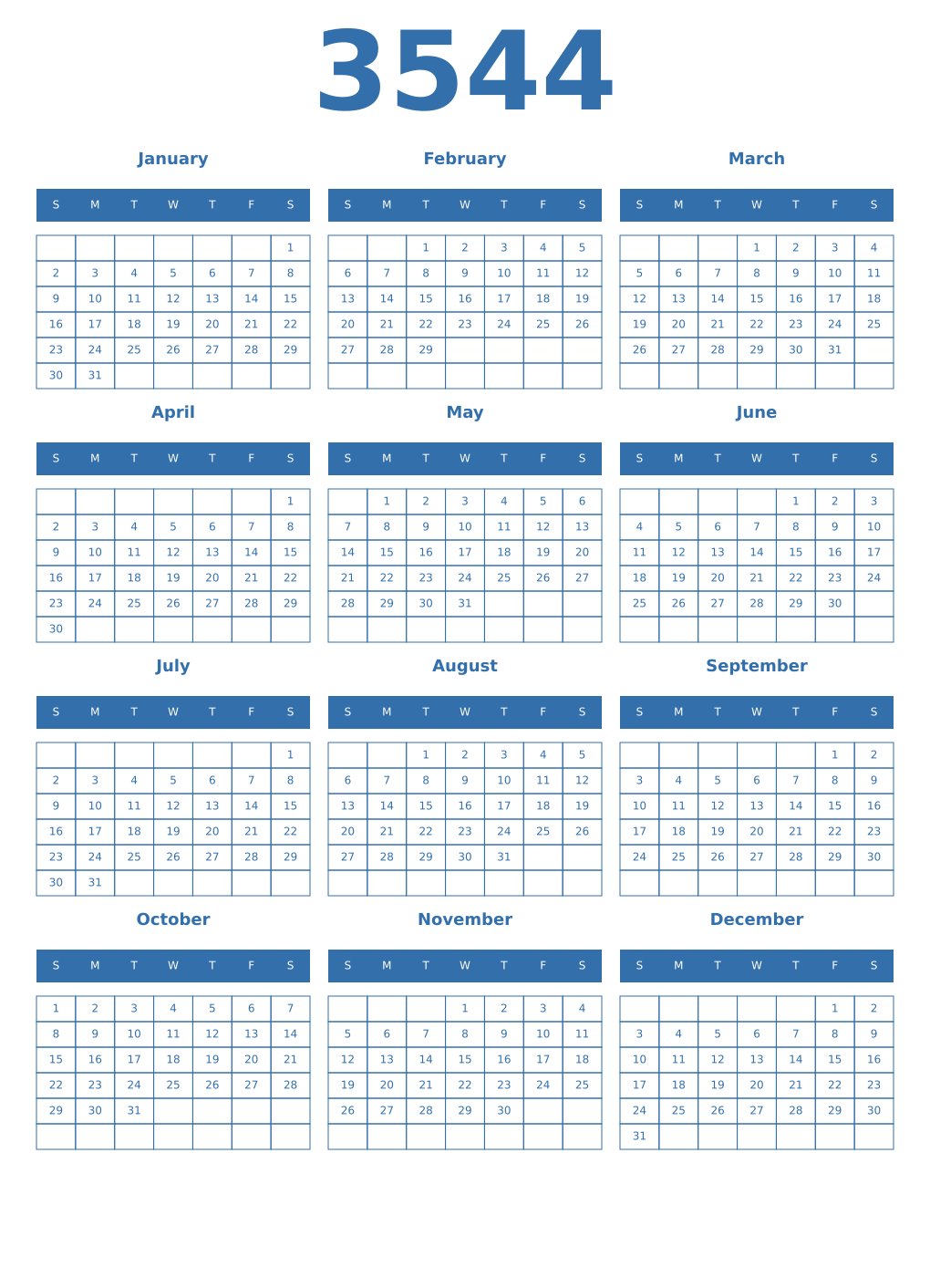 Printable 3544 Year Calendars blue