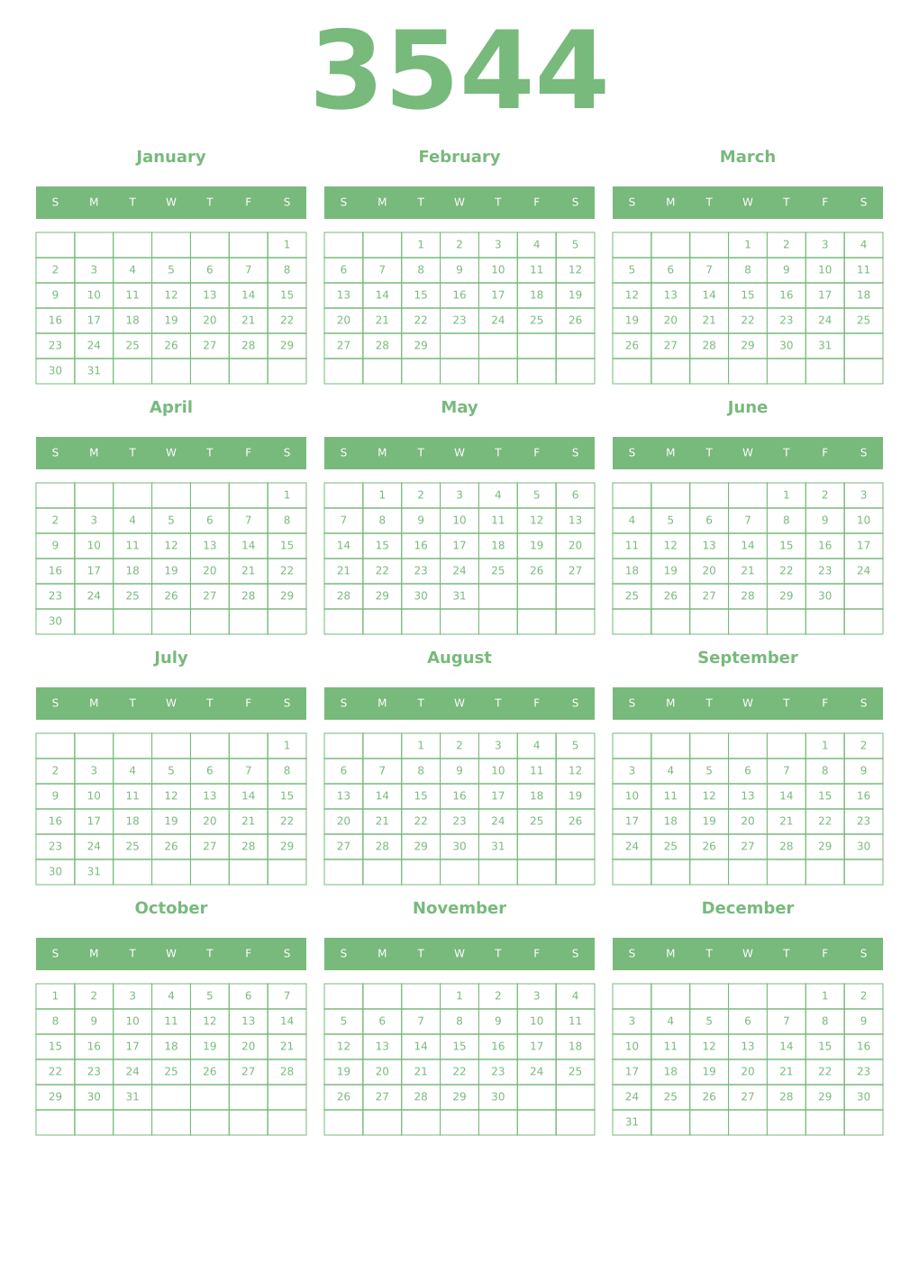 Printable 3544 Year Calendars celadon