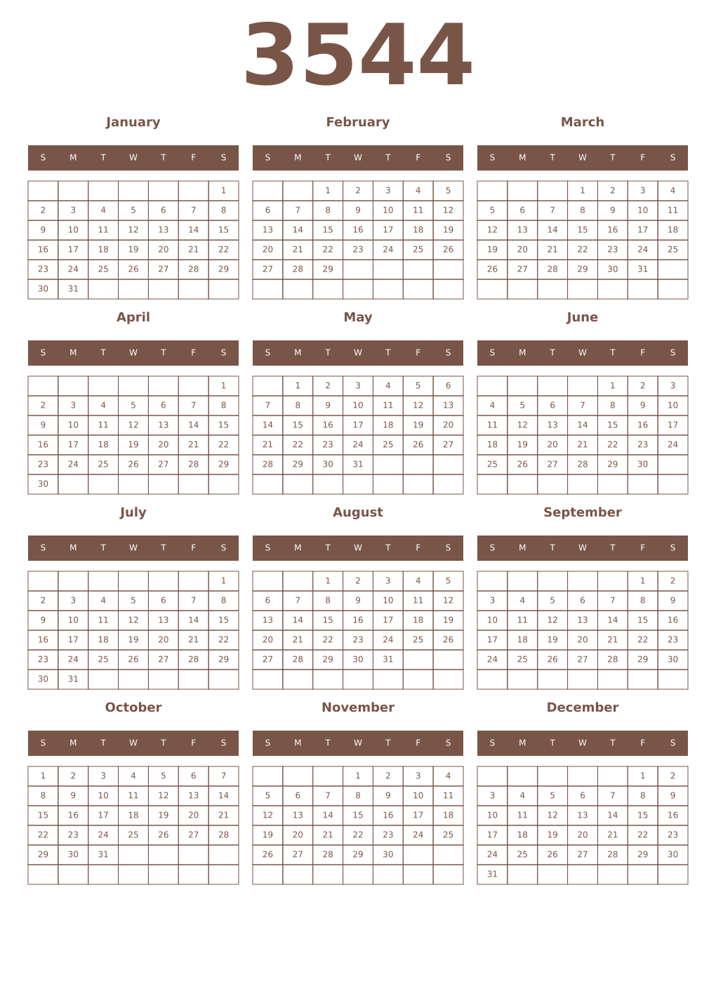 Printable 3544 Year Calendars coffe