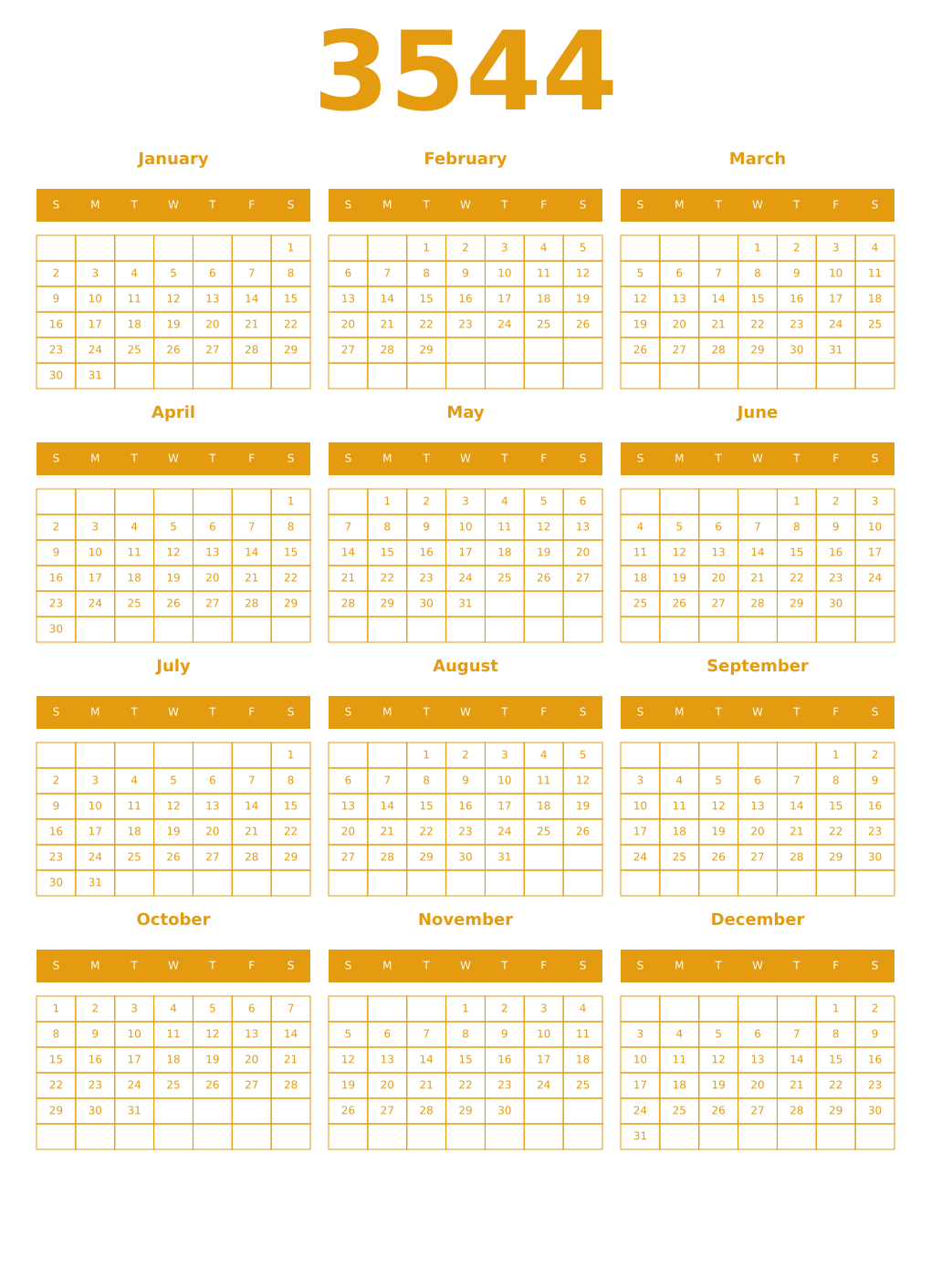 Printable 3544 Year Calendars gamboge