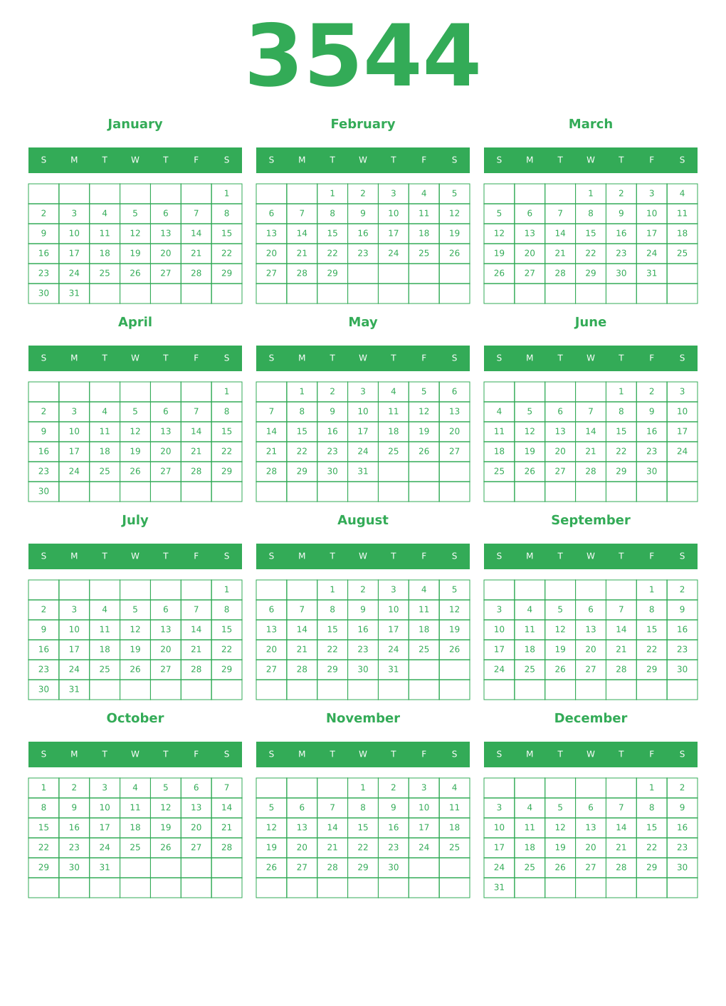 Printable 3544 Year Calendars green