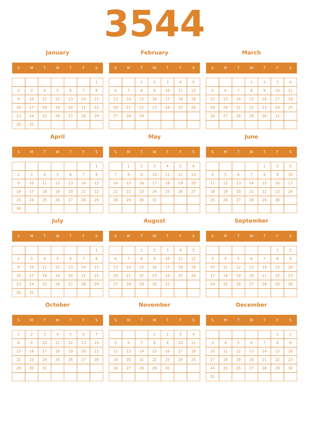 Printable 3544 Year Calendars orange