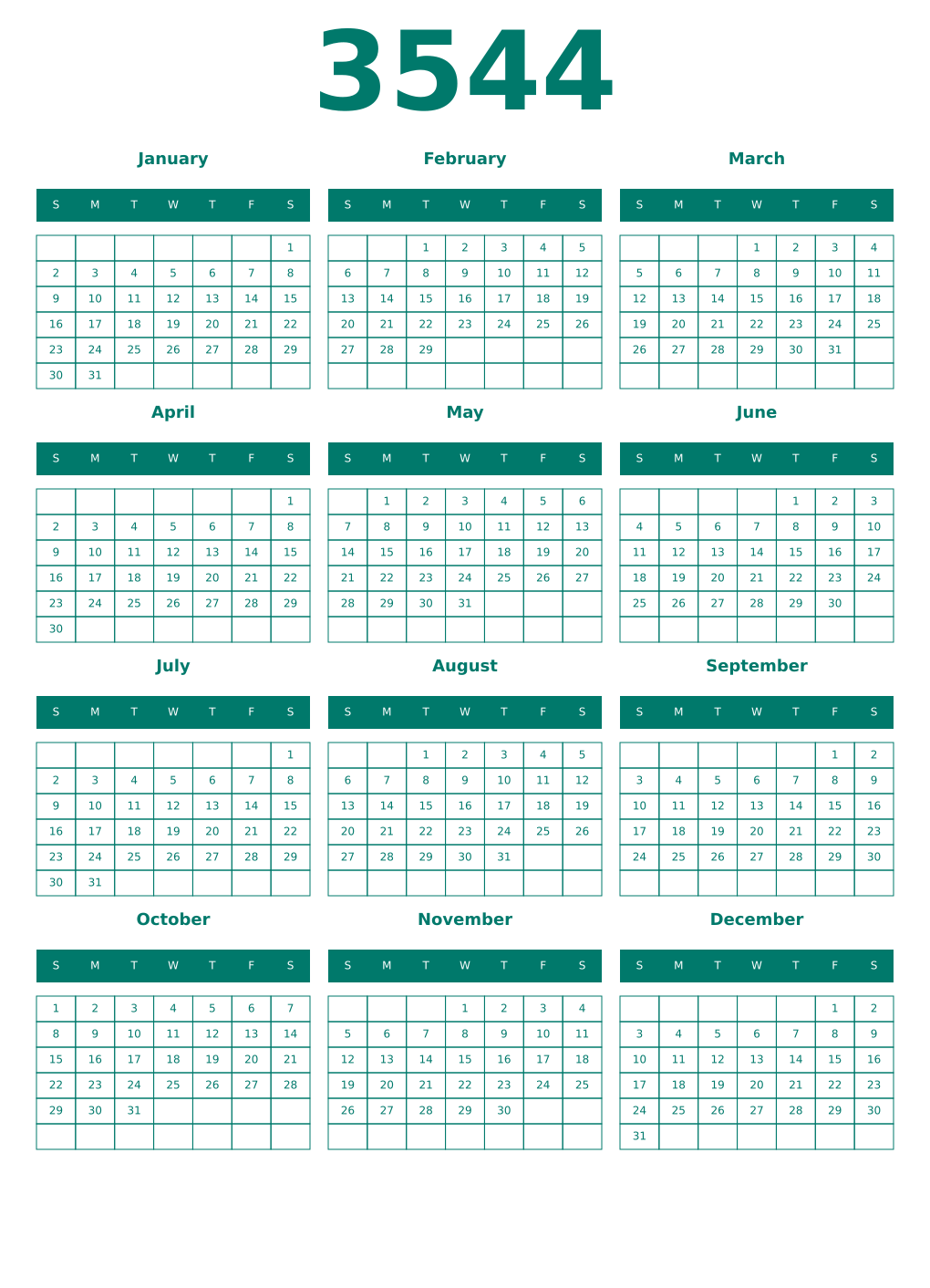 Printable 3544 Year Calendars pastel