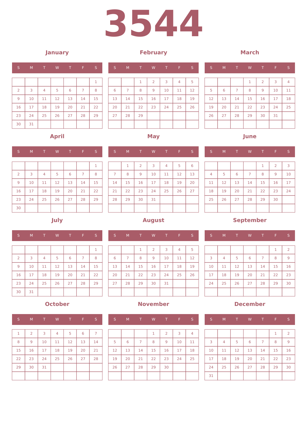 Printable 3544 Year Calendars puce