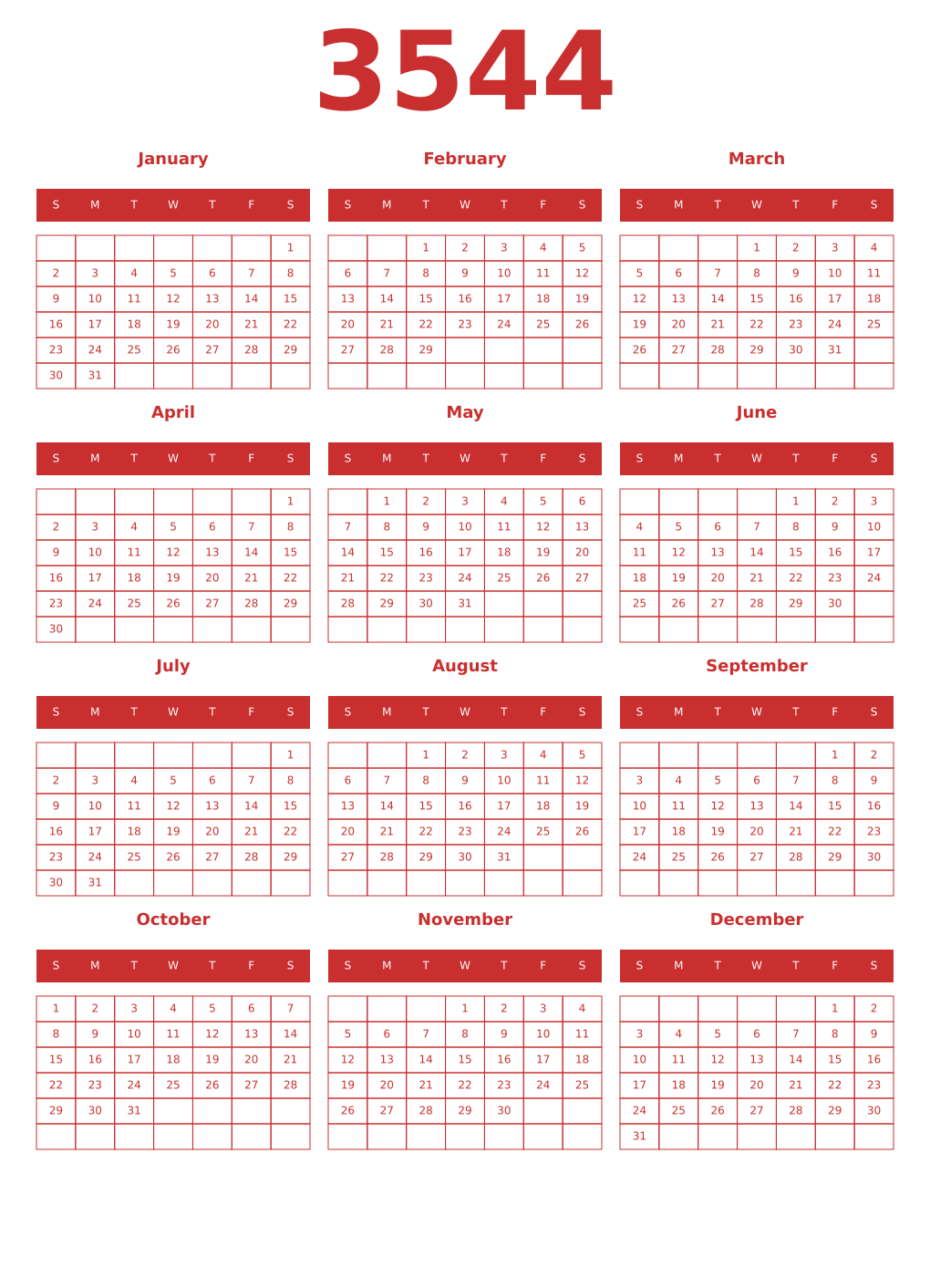 Printable 3544 Year Calendars red