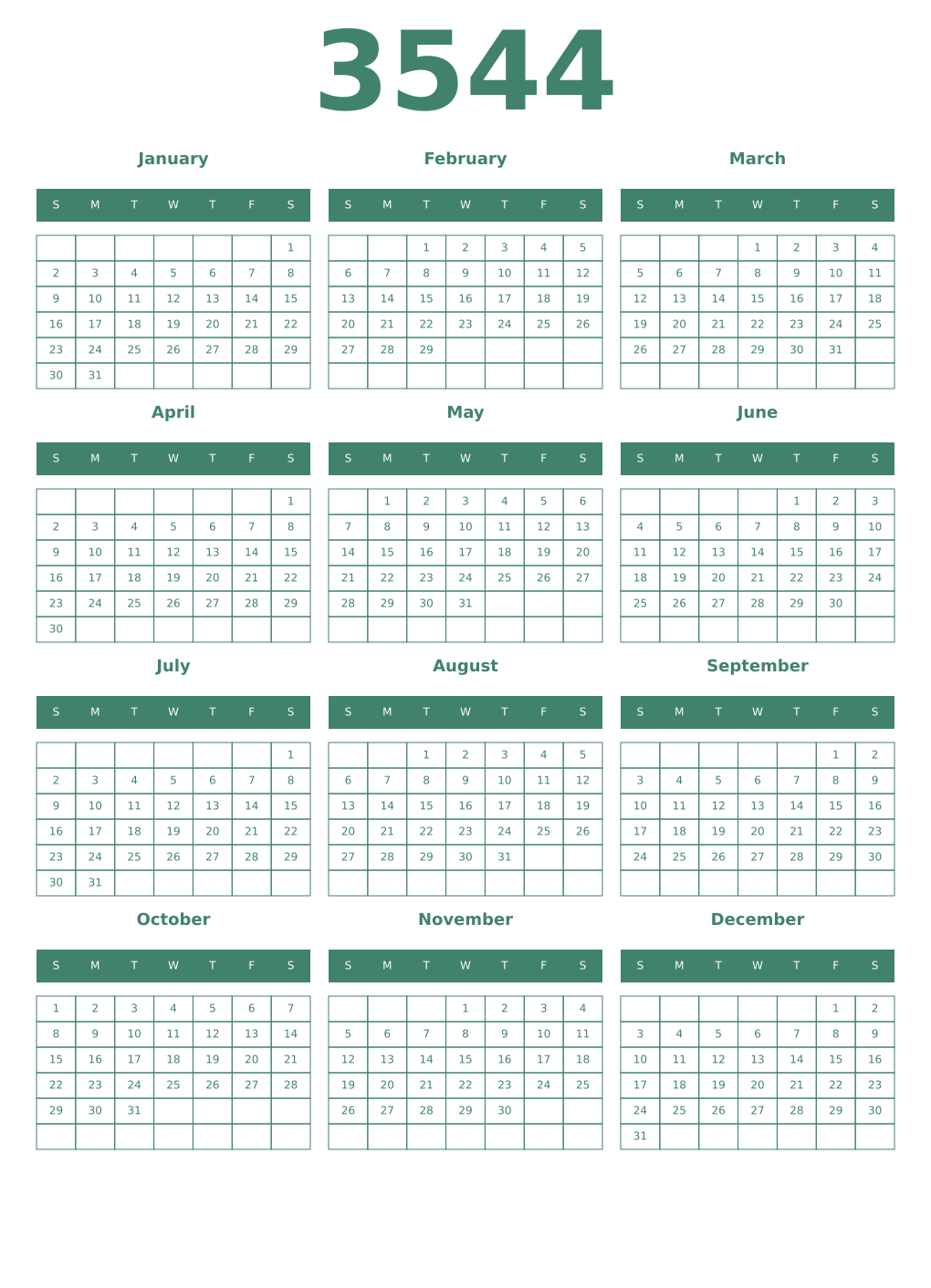 Printable 3544 Year Calendars viridian