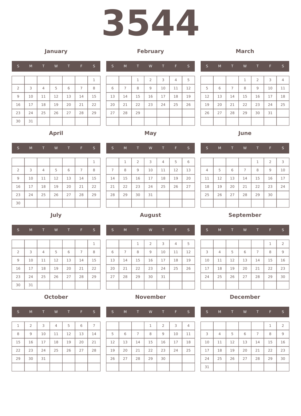 Printable 3544 Year Calendars wenge