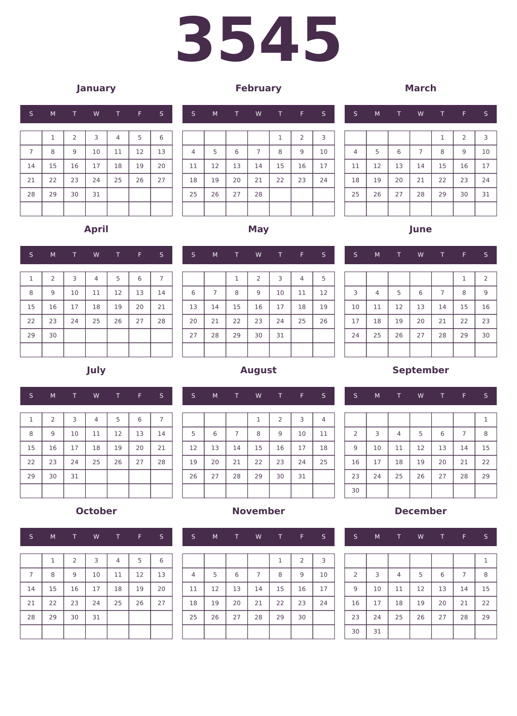Printable 3545 Year Calendars aubergine