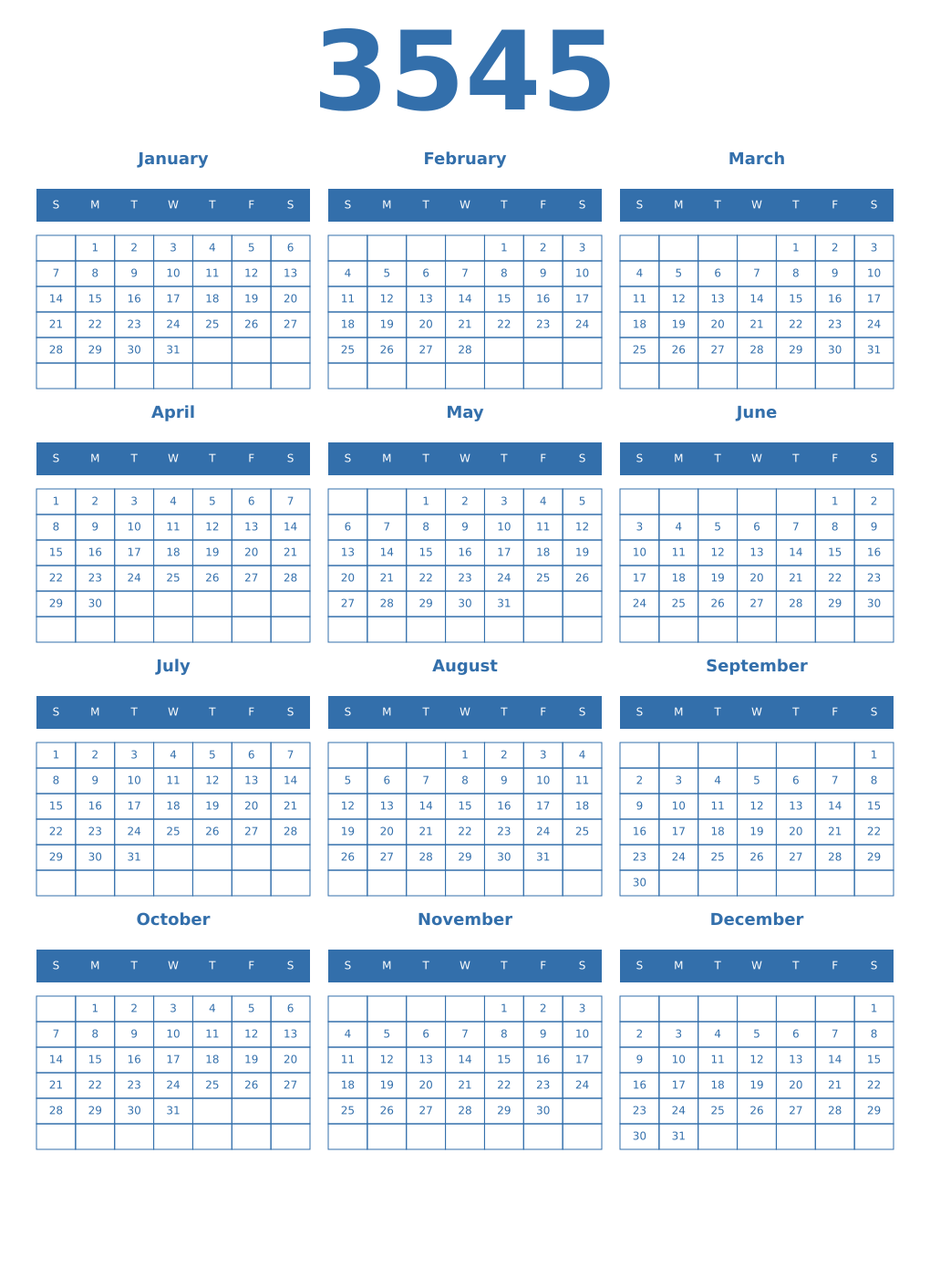 Printable 3545 Year Calendars blue
