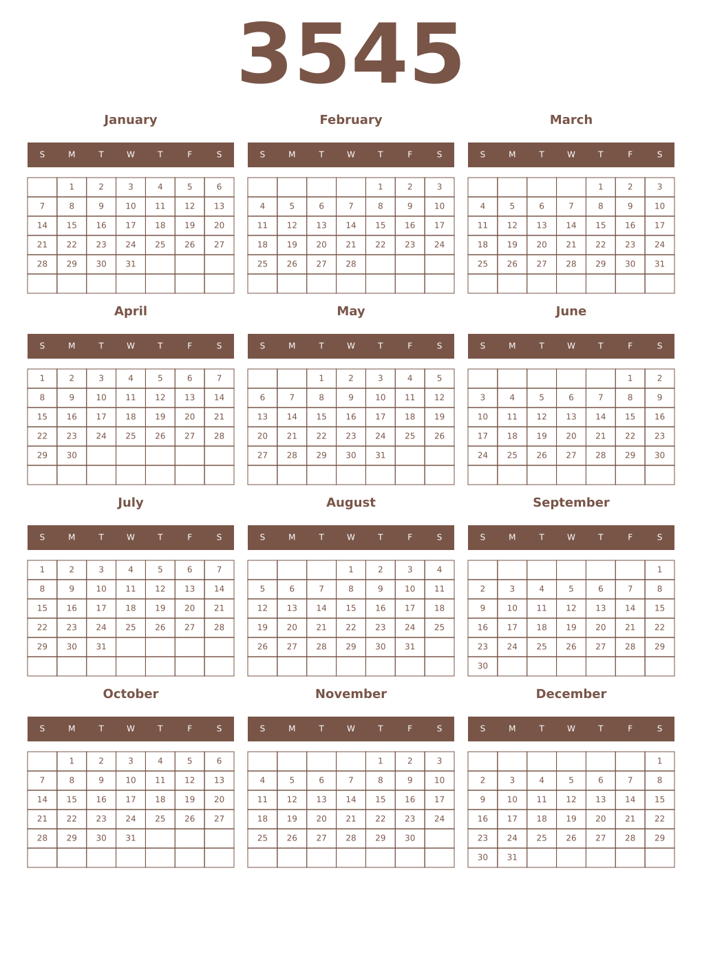 Printable 3545 Year Calendars coffe