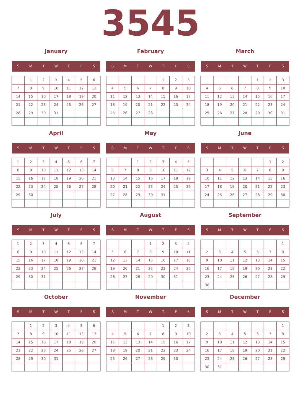 Printable 3545 Year Calendars cordovan