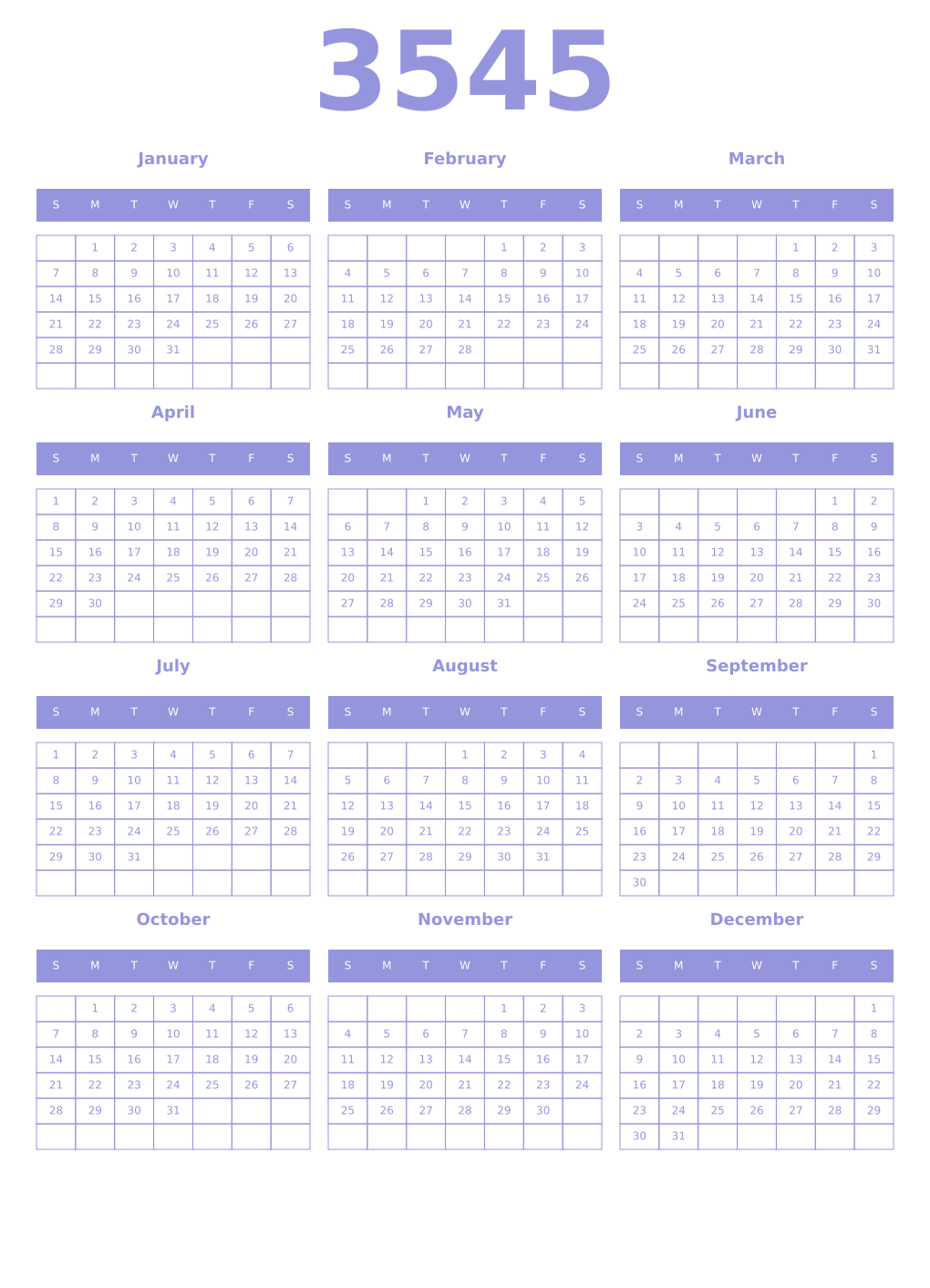 Printable 3545 Year Calendars periwinkle