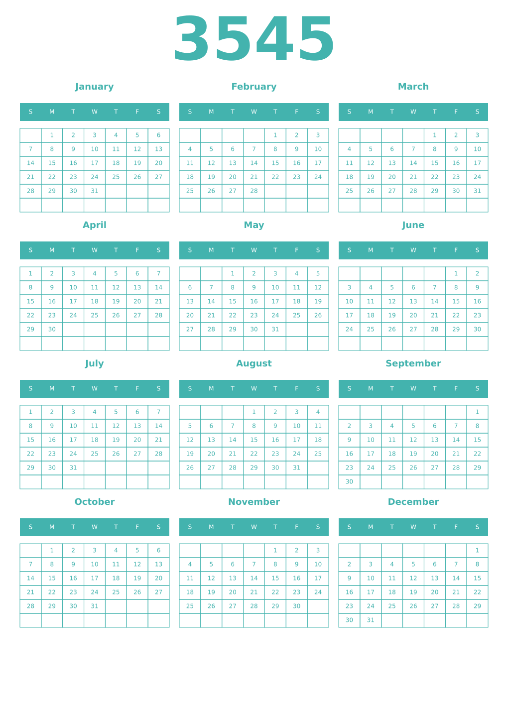 Printable 3545 Year Calendars verdigris