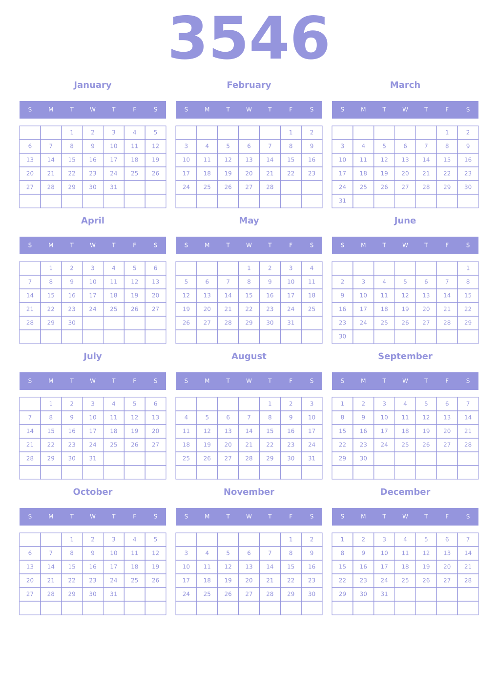 Printable 3546 Year Calendars periwinkle