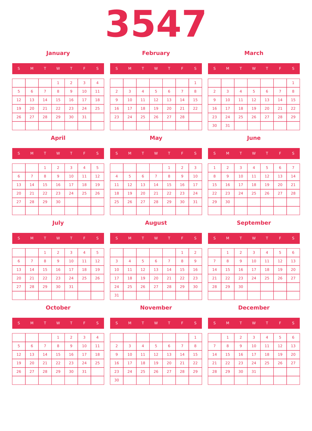 Printable 3547 Year Calendars amaranth