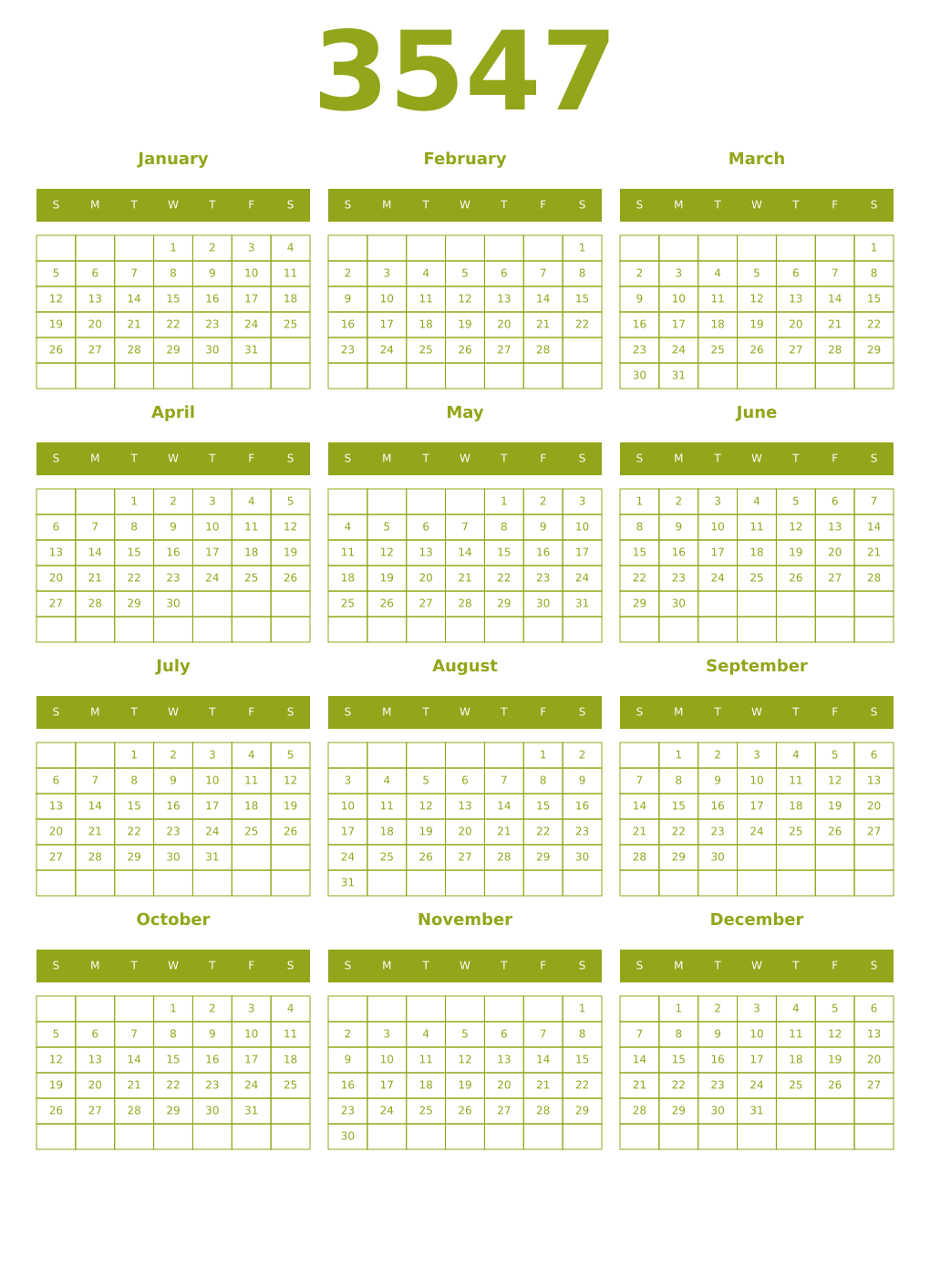 Printable 3547 Year Calendars chartreuse