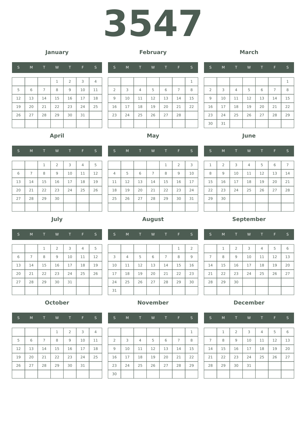 Printable 3547 Year Calendars feldgrau