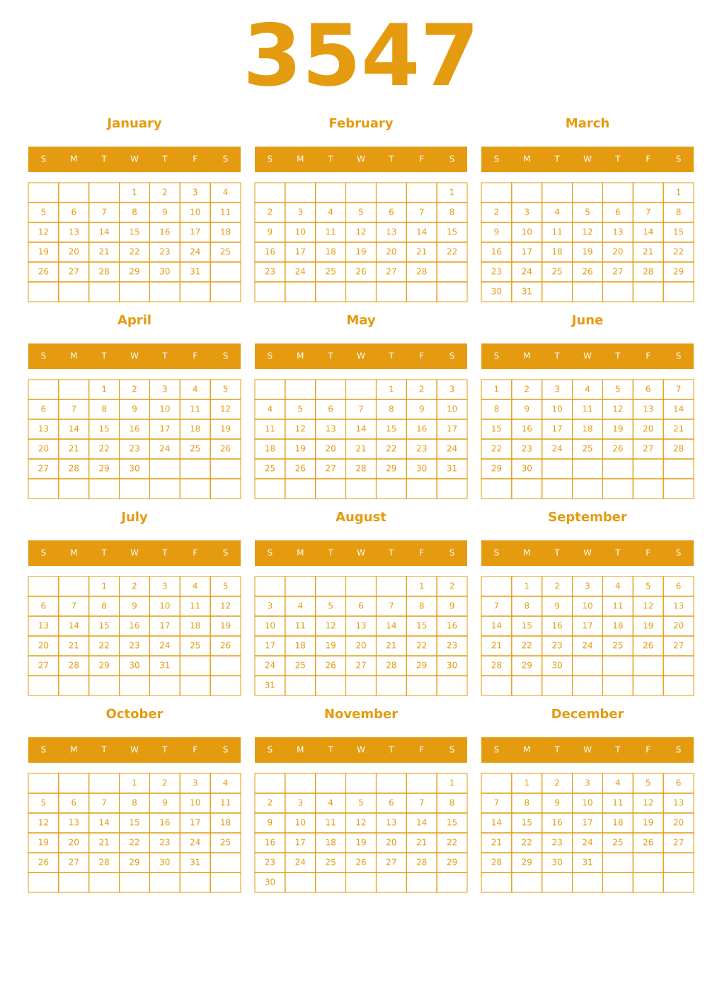 Printable 3547 Year Calendars gamboge