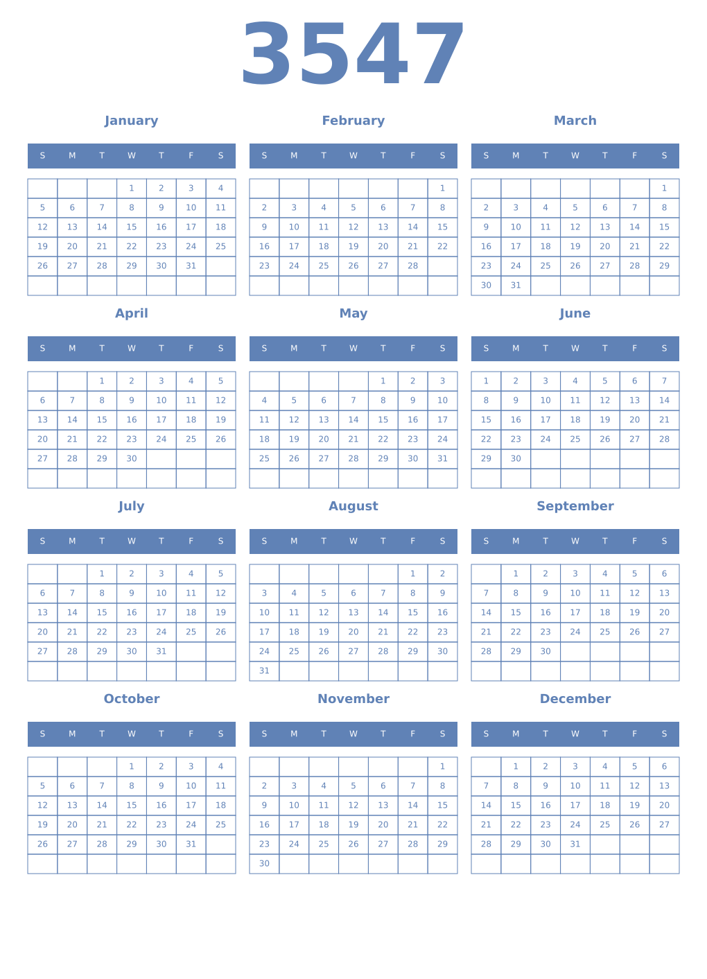 Printable 3547 Year Calendars glaucous