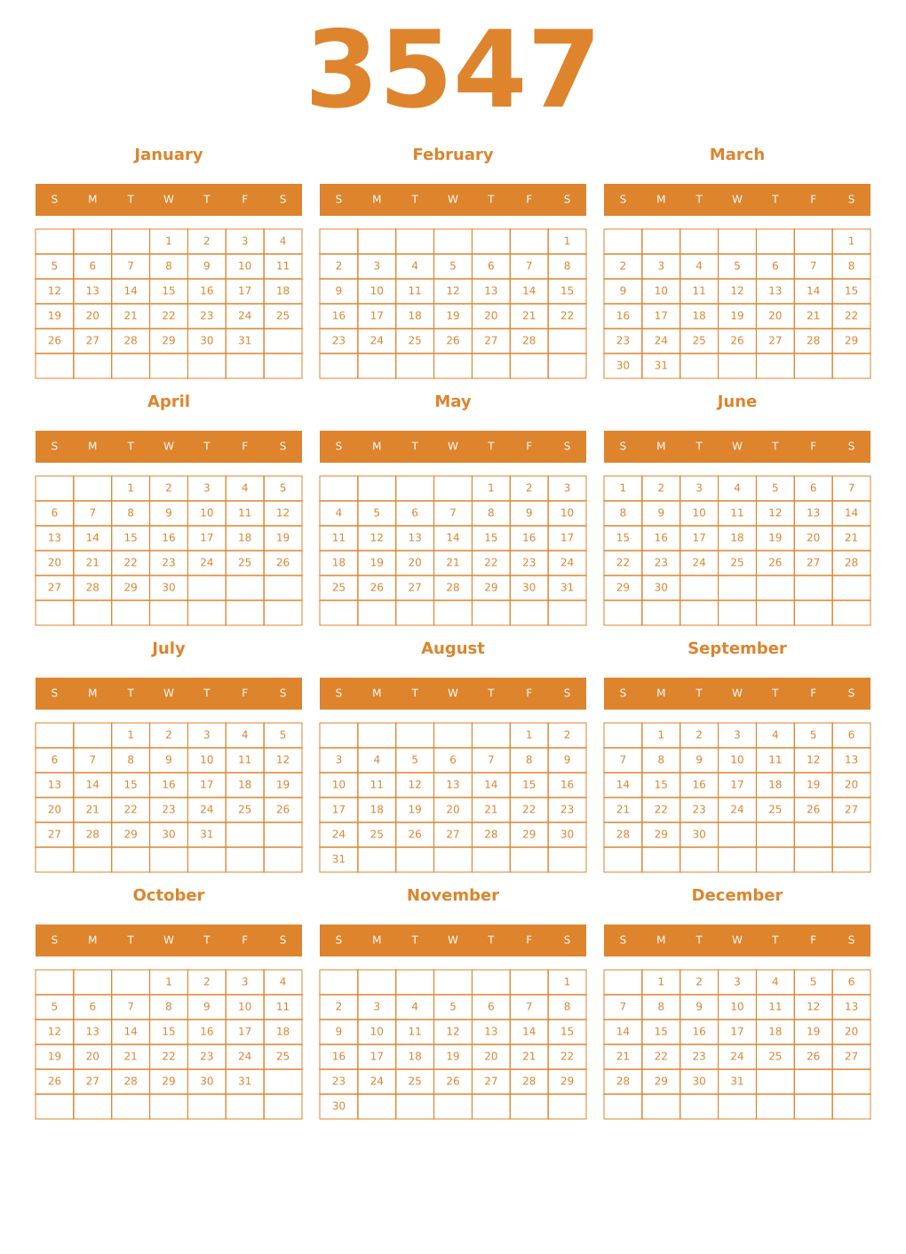 Printable 3547 Year Calendars orange