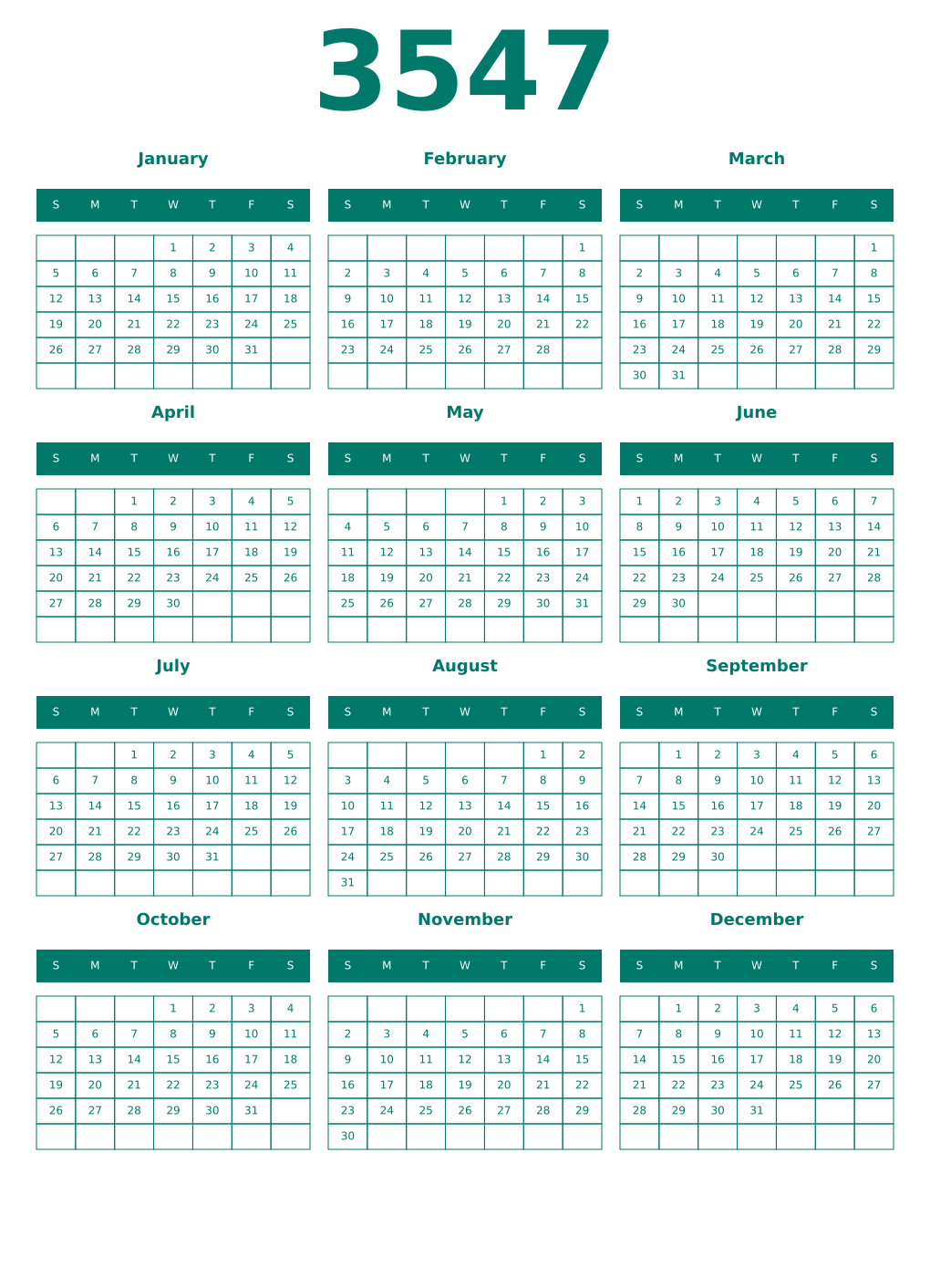 Printable 3547 Year Calendars pastel