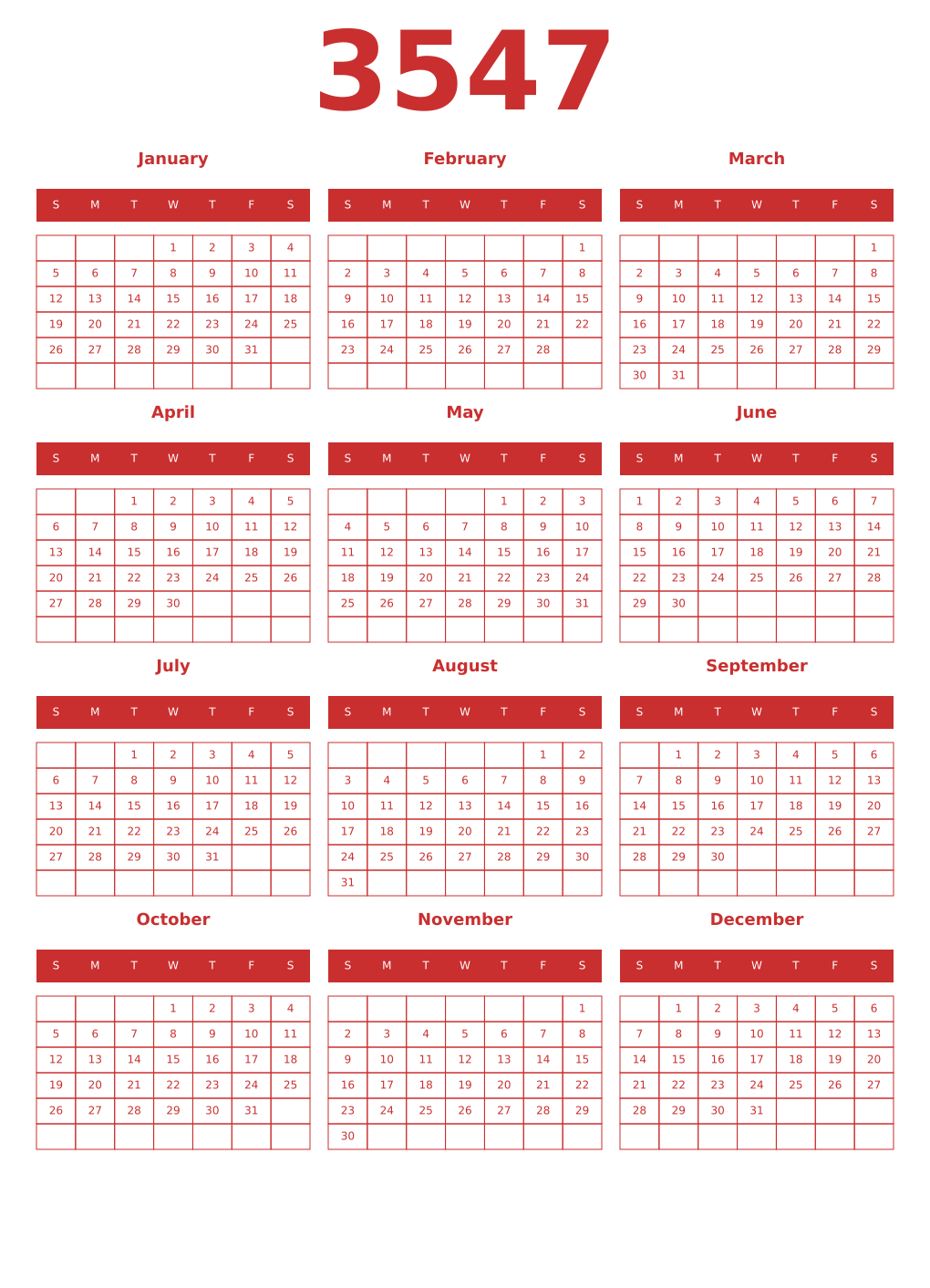 Printable 3547 Year Calendars red