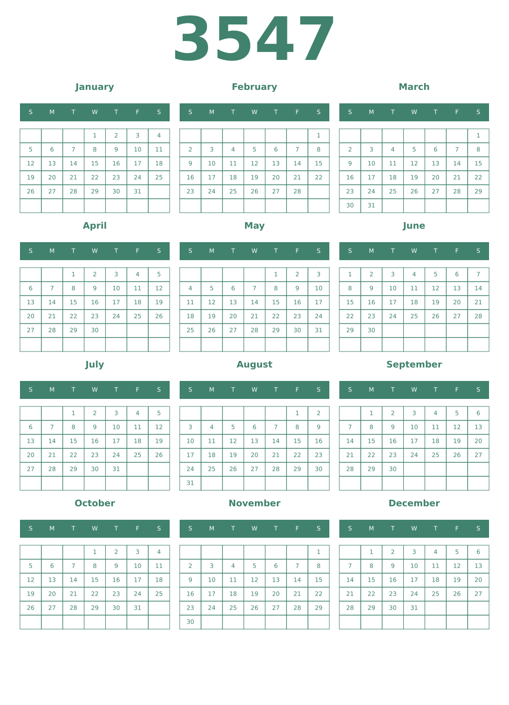 Printable 3547 Year Calendars viridian