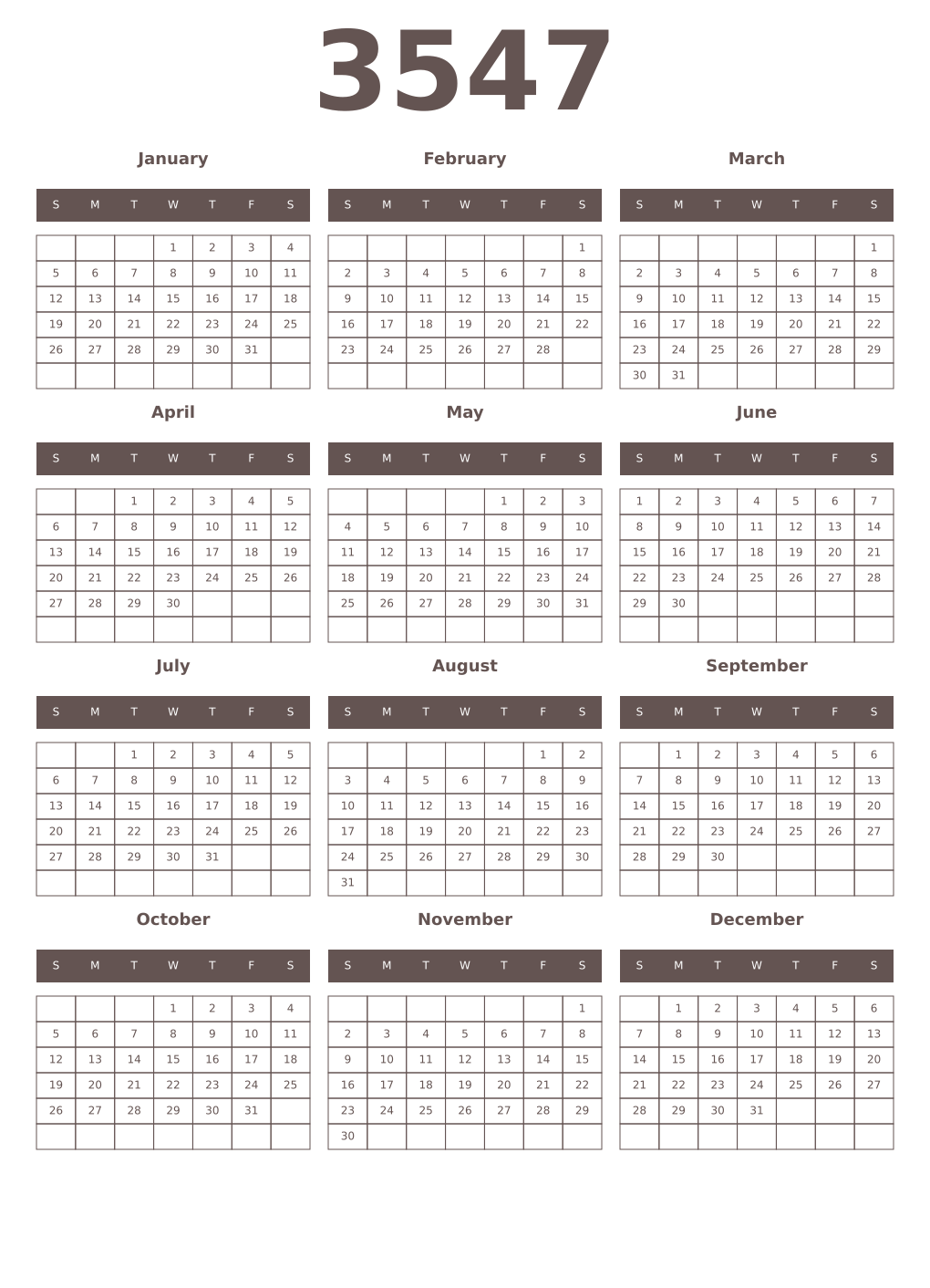Printable 3547 Year Calendars wenge