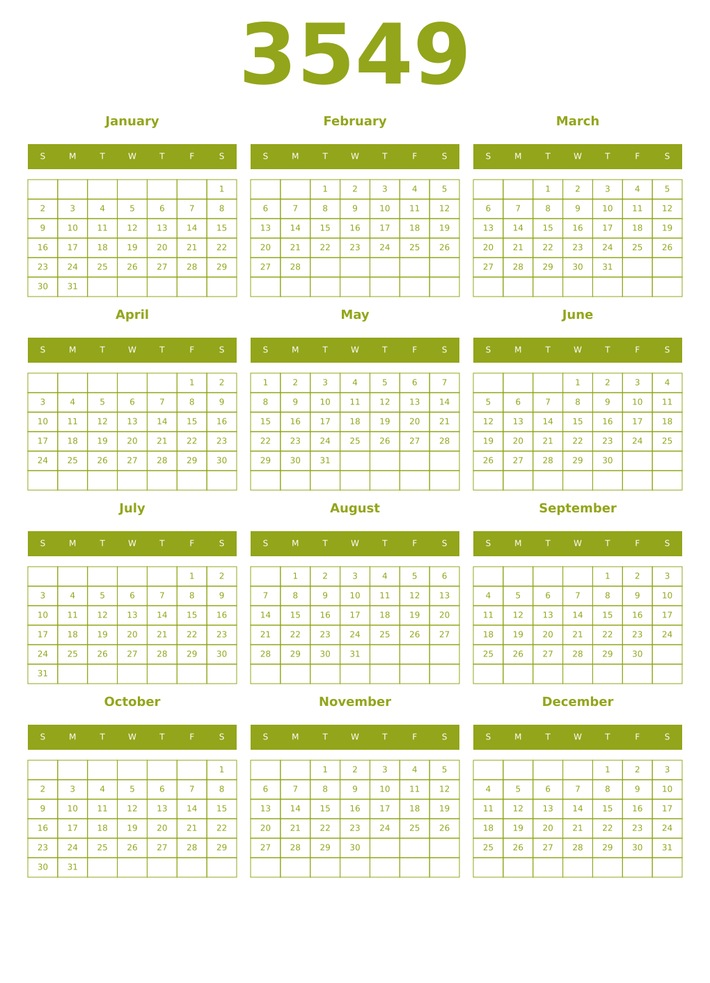 Printable 3549 Year Calendars chartreuse