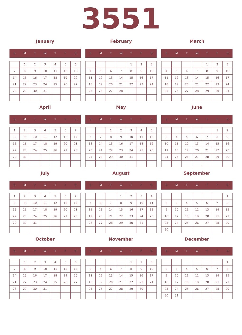 Printable 3551 Year Calendars cordovan