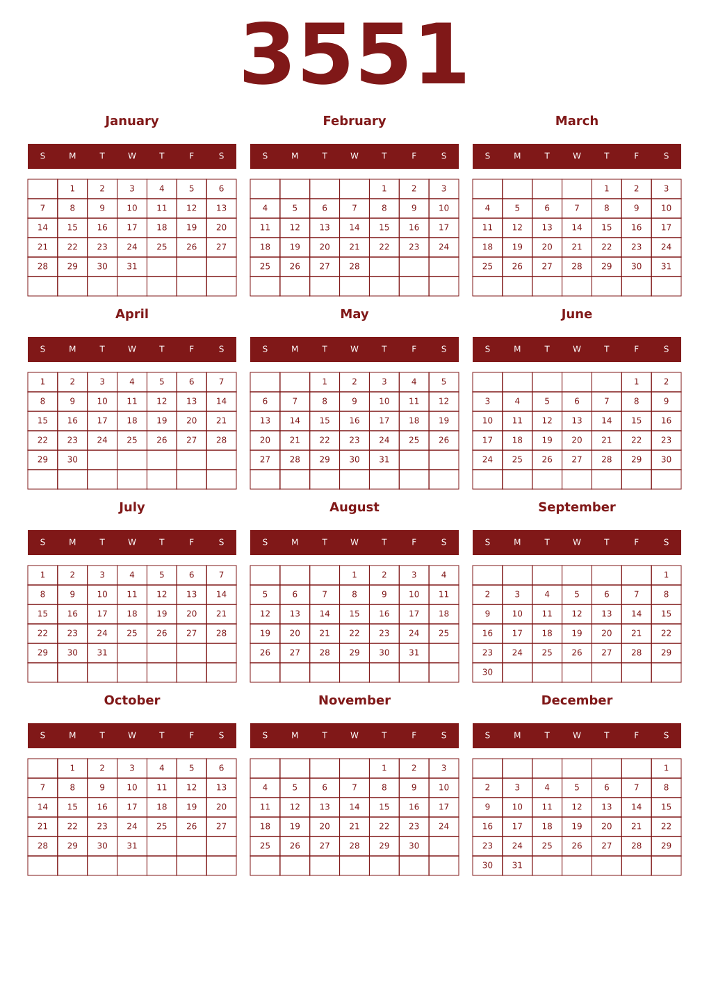 Printable 3551 Year Calendars falu