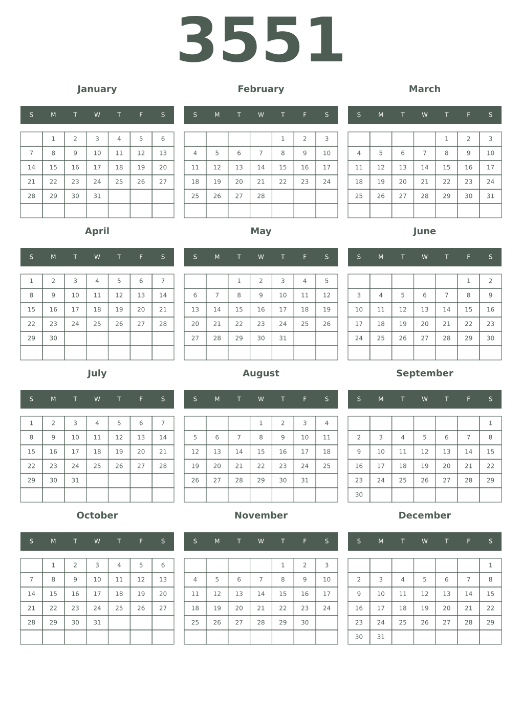 Printable 3551 Year Calendars feldgrau