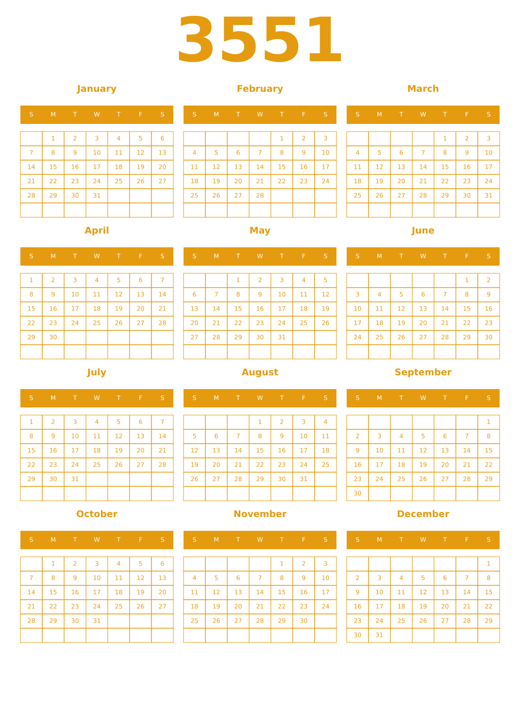 Printable 3551 Year Calendars gamboge