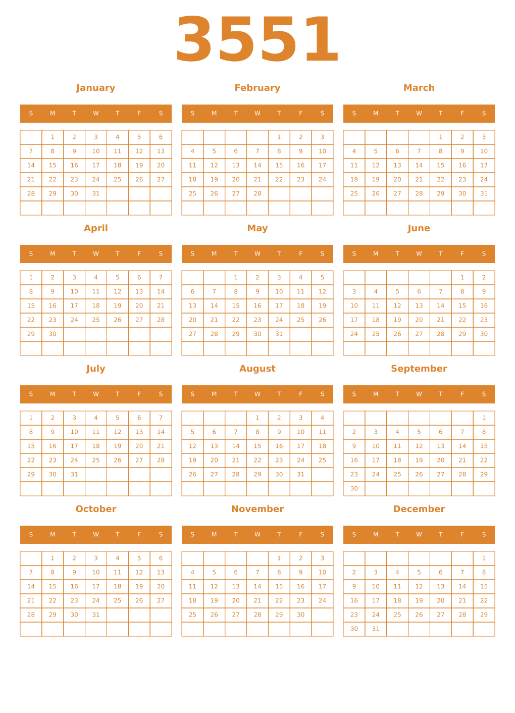 Printable 3551 Year Calendars orange