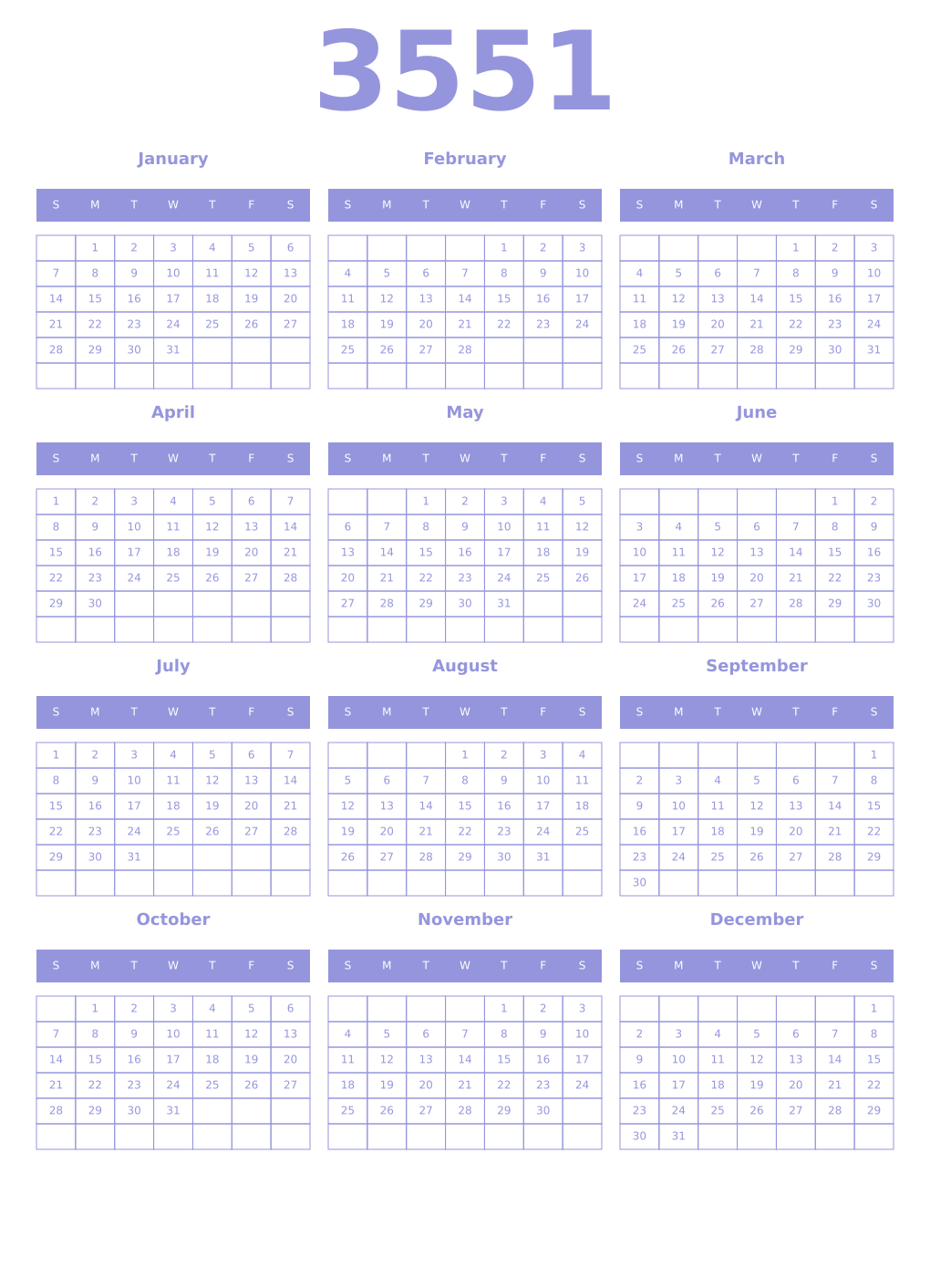 Printable 3551 Year Calendars periwinkle