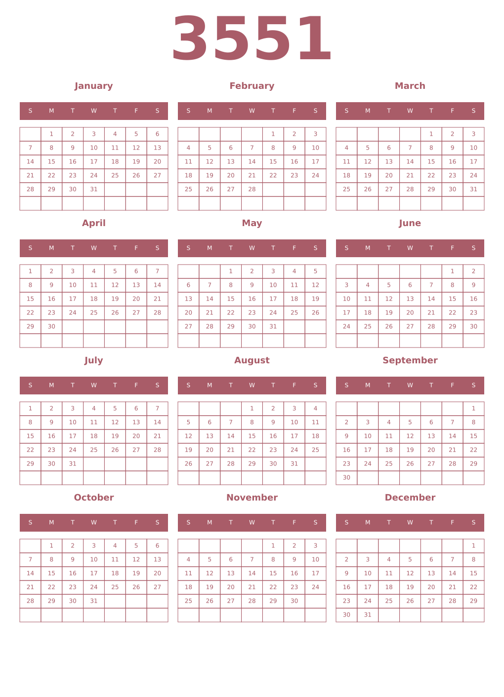 Printable 3551 Year Calendars puce